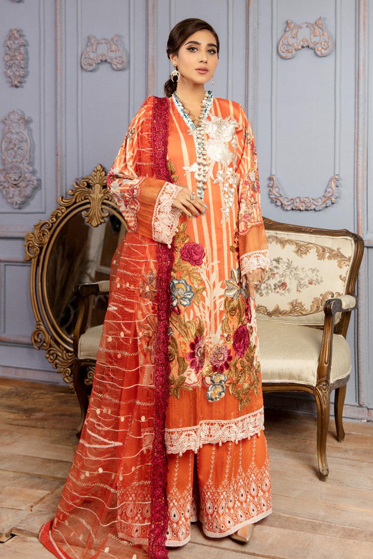 Adan's Libas Fluorite Digital Printed & Schiffli Embroidered Lawn Collection – Cerise - Image 2