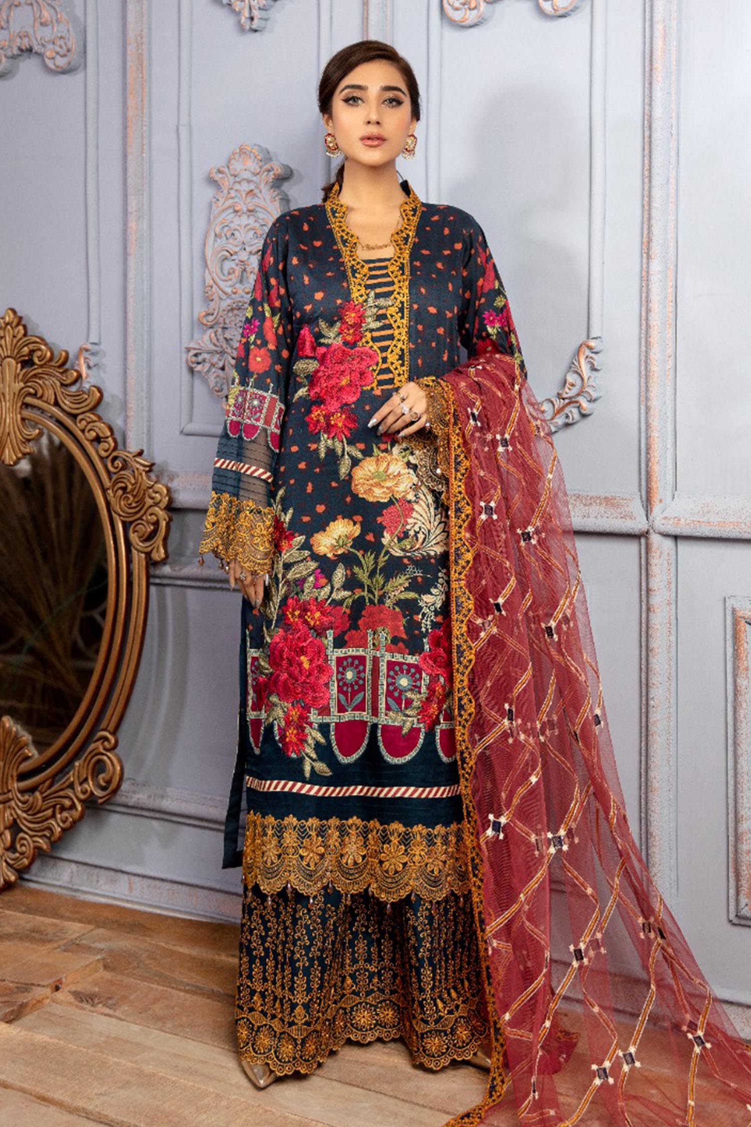 Adan's Libas Fluorite Digital Printed & Schiffli Embroidered Lawn Collection – Rosa Dark - Image 4
