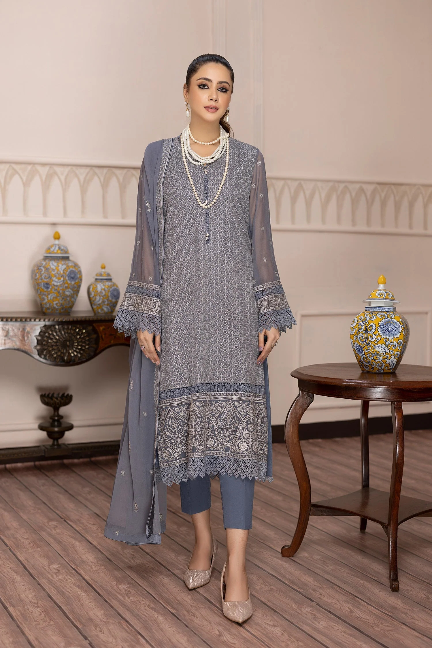Adan's Libas Pret · Embroidered Chiffon 3PC Collection – Mist Grey - Image 2
