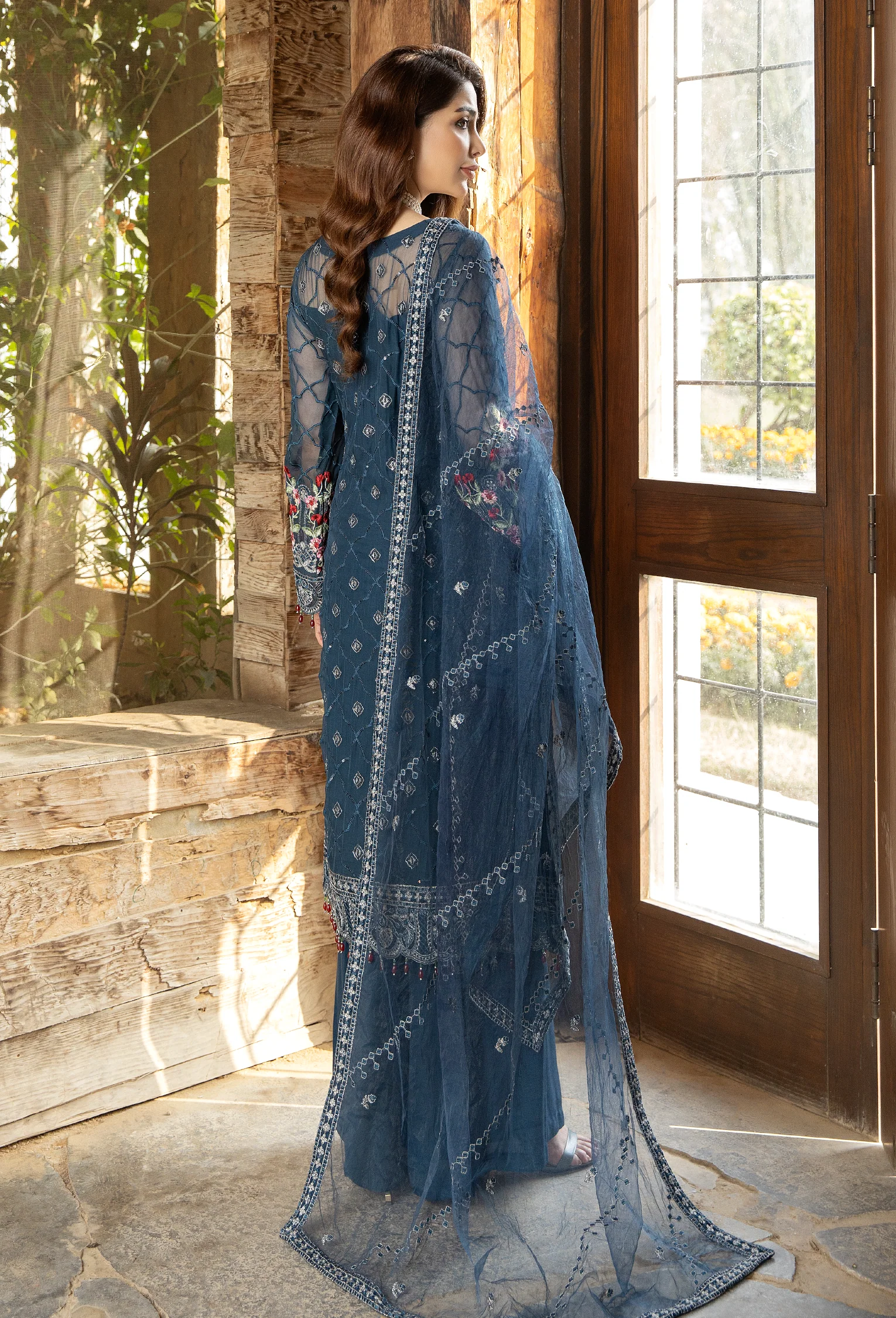 Adan's Libas Wisteria Embroidered Chiffon Collection – Teal Blue - Image 4