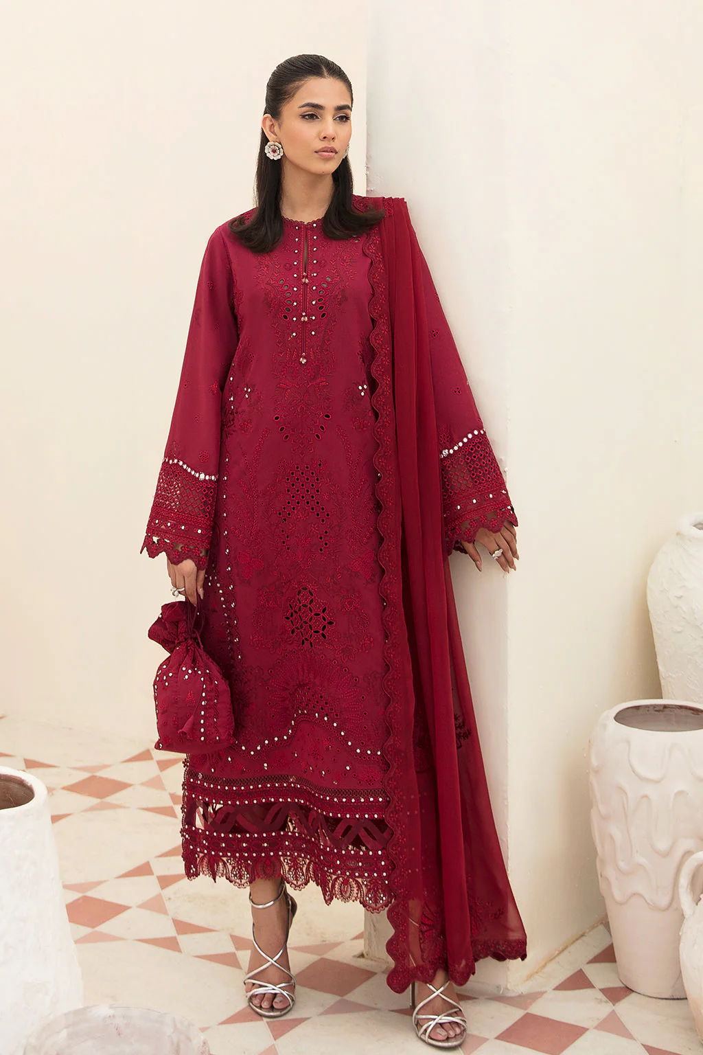 Afrozeh Festive Chikankari Lawn Collection – Claret - Image 2