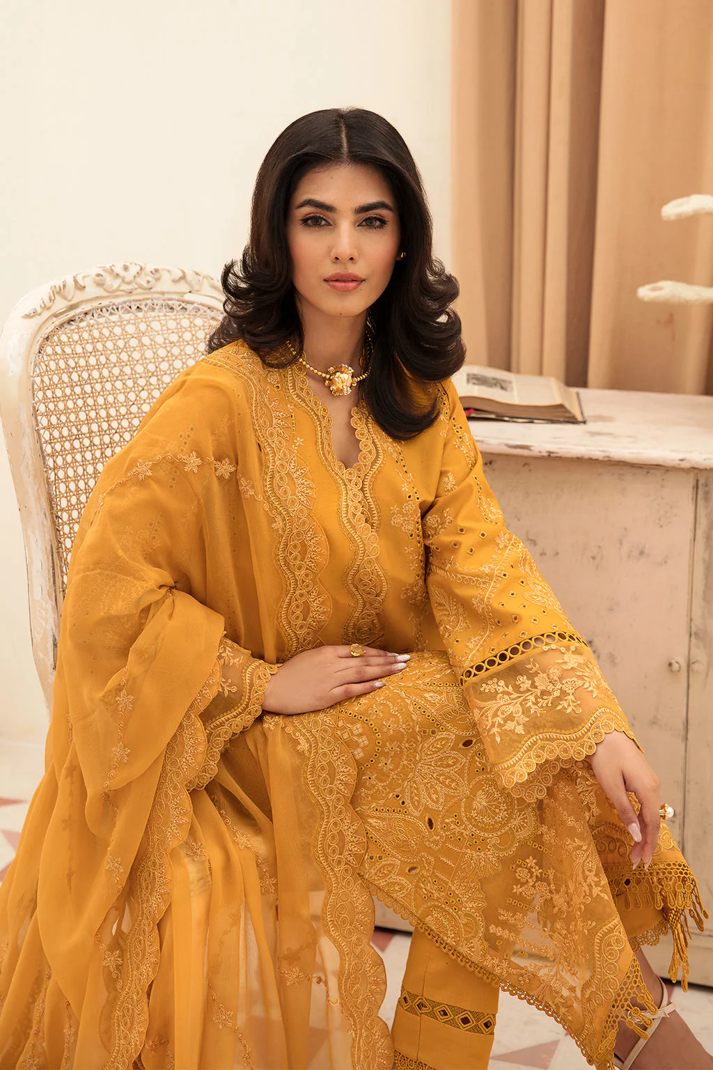 Afrozeh Festive Chikankari Lawn Collection – Goldenrod - Image 2