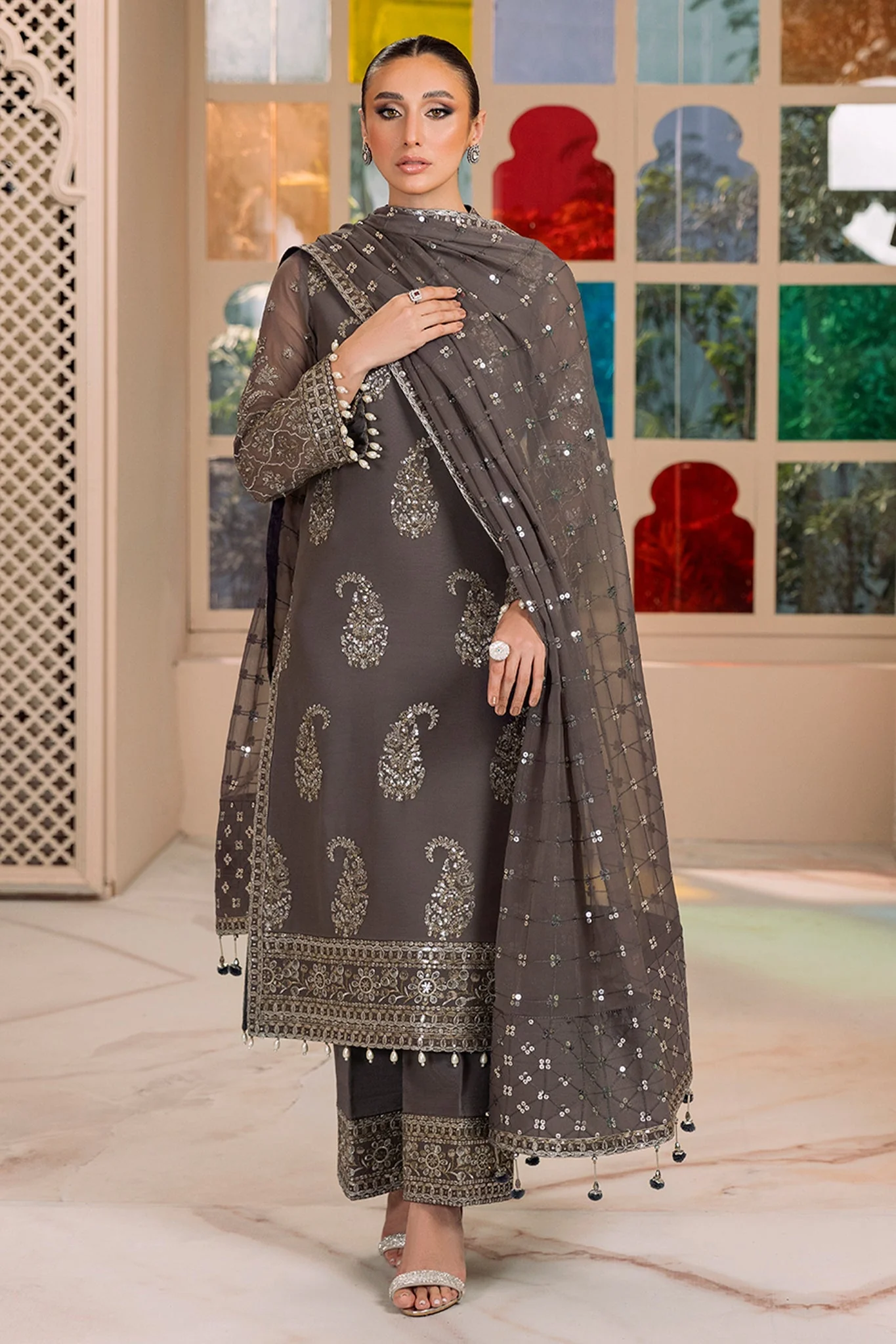 Alizeh Dua Stitched/Pret Luxury Formals – V01D06B- AMAYA ( GREY ) - Image 4