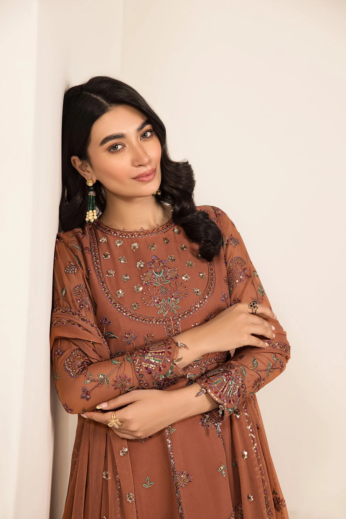Alizeh Lamhay Festive Formal Collection – Embroidered Chiffon Rust - V15D06 - Arzou - Image 8