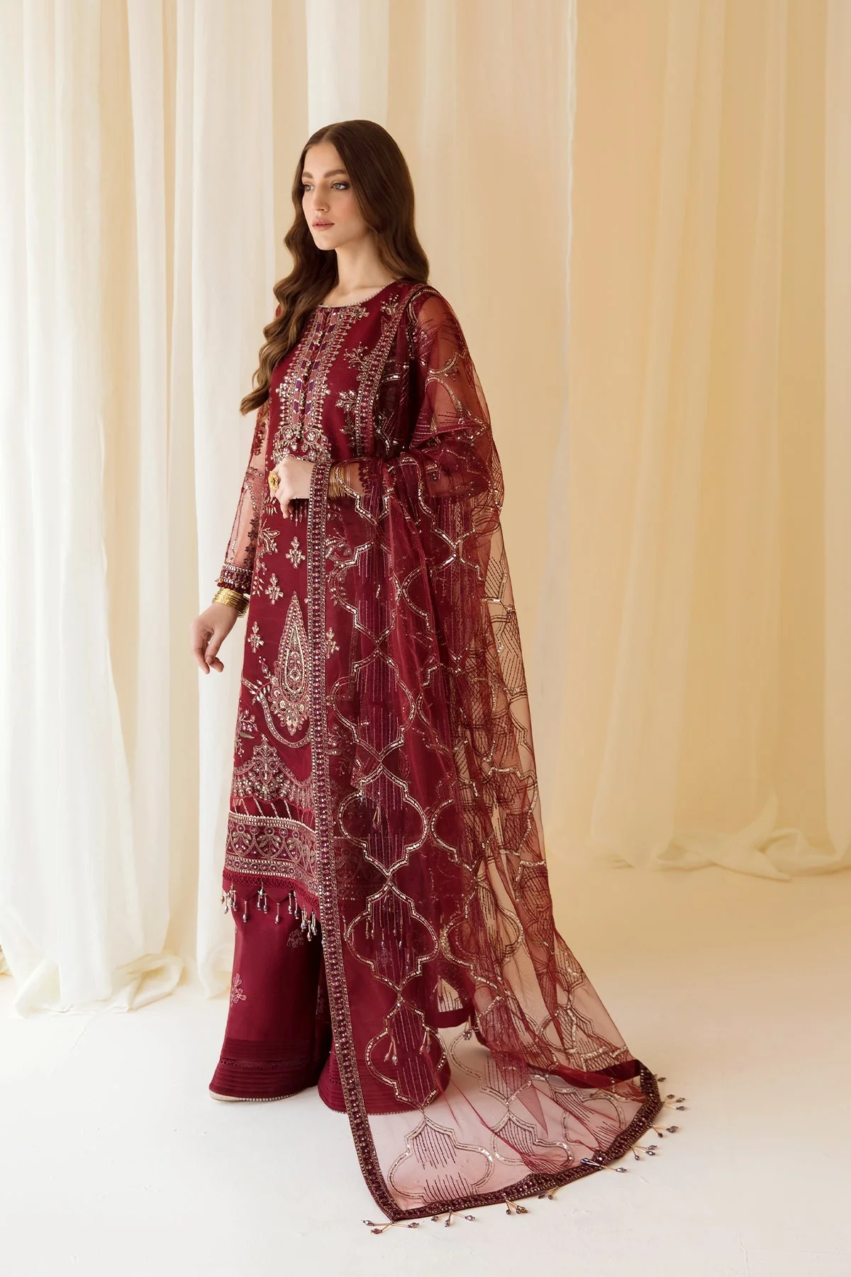 Alizeh Rang-e-Mehr Formal Collection – Embroidered Net Maroon - V14D08