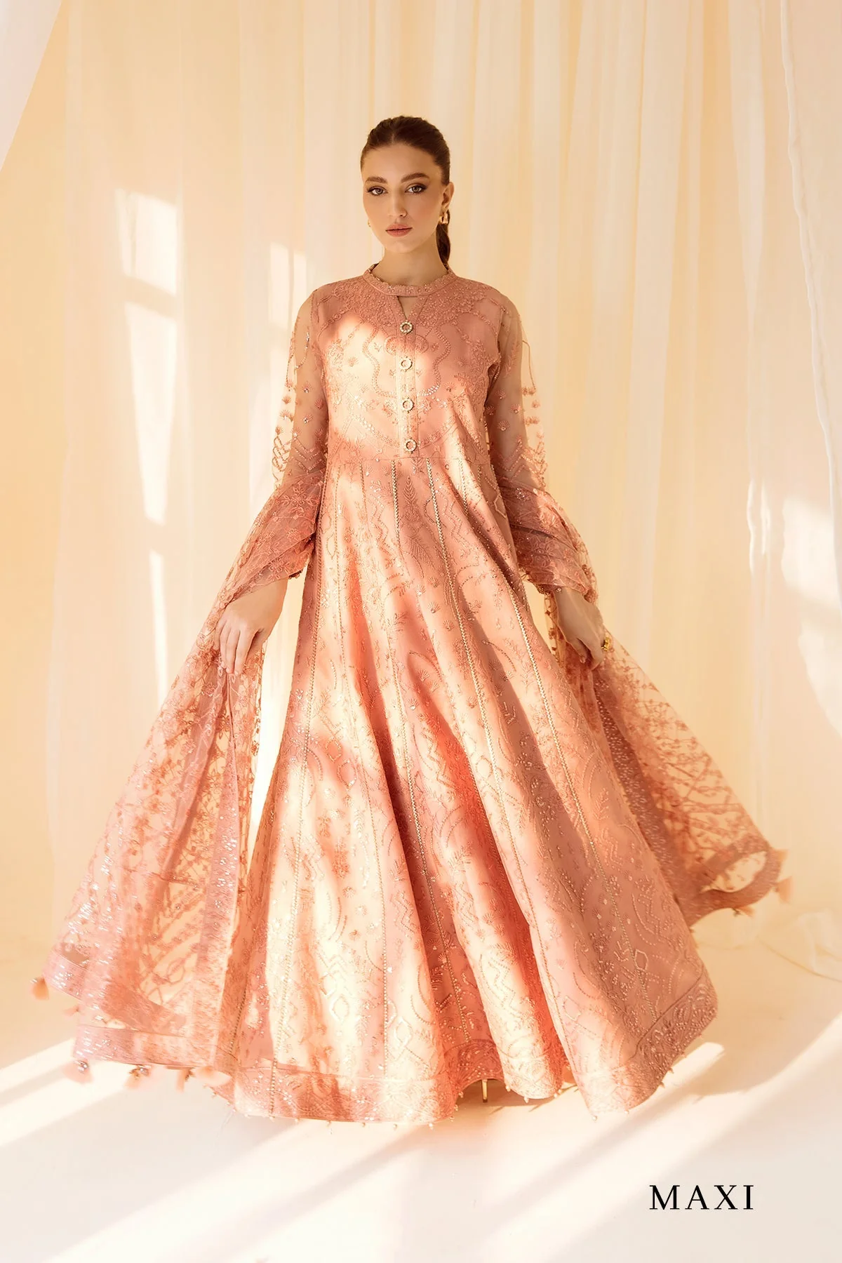 Alizeh Rang-e-Mehr Formal Collection – Embroidered Net Peach - V14D09 - Image 2