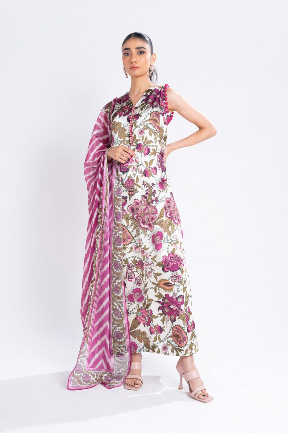 Alkaram Chamois Silk Suit With Printed Tissue Silk Dupatta – SK-03-24-Cream - Image 3