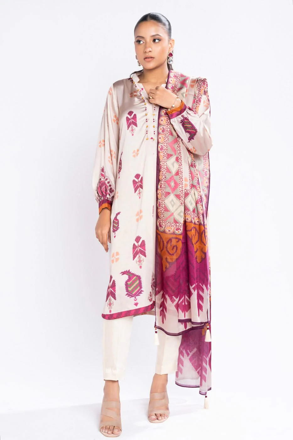 Alkaram Chamois Silk Suit With Printed Tissue Silk Dupatta – SK-11-24-Beige - Image 3