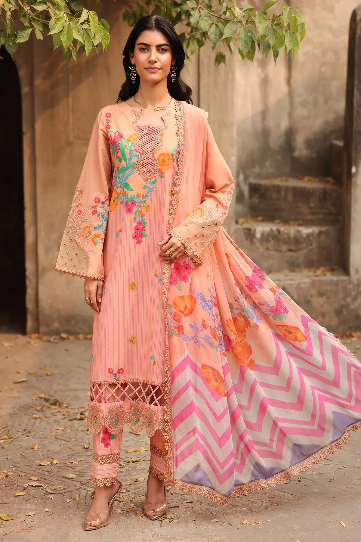 Charizma Combinations – Embroidered Lawn Shirt with Embroidered Chiffon Dupatta and Trouser DSCC4-13