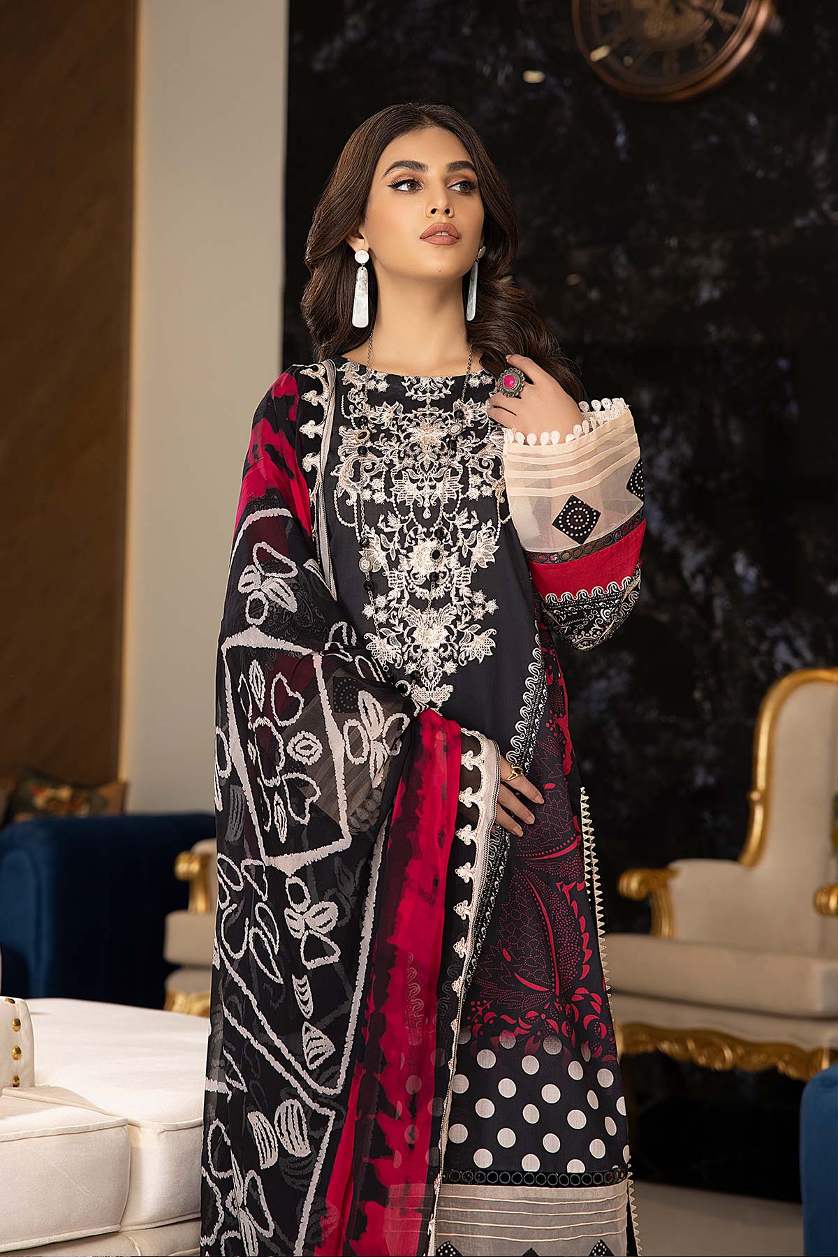 Charizma Combinations – Embroidered Lawn Suit with Embroidered Chiffon Dupatta CC22-11 - Image 2