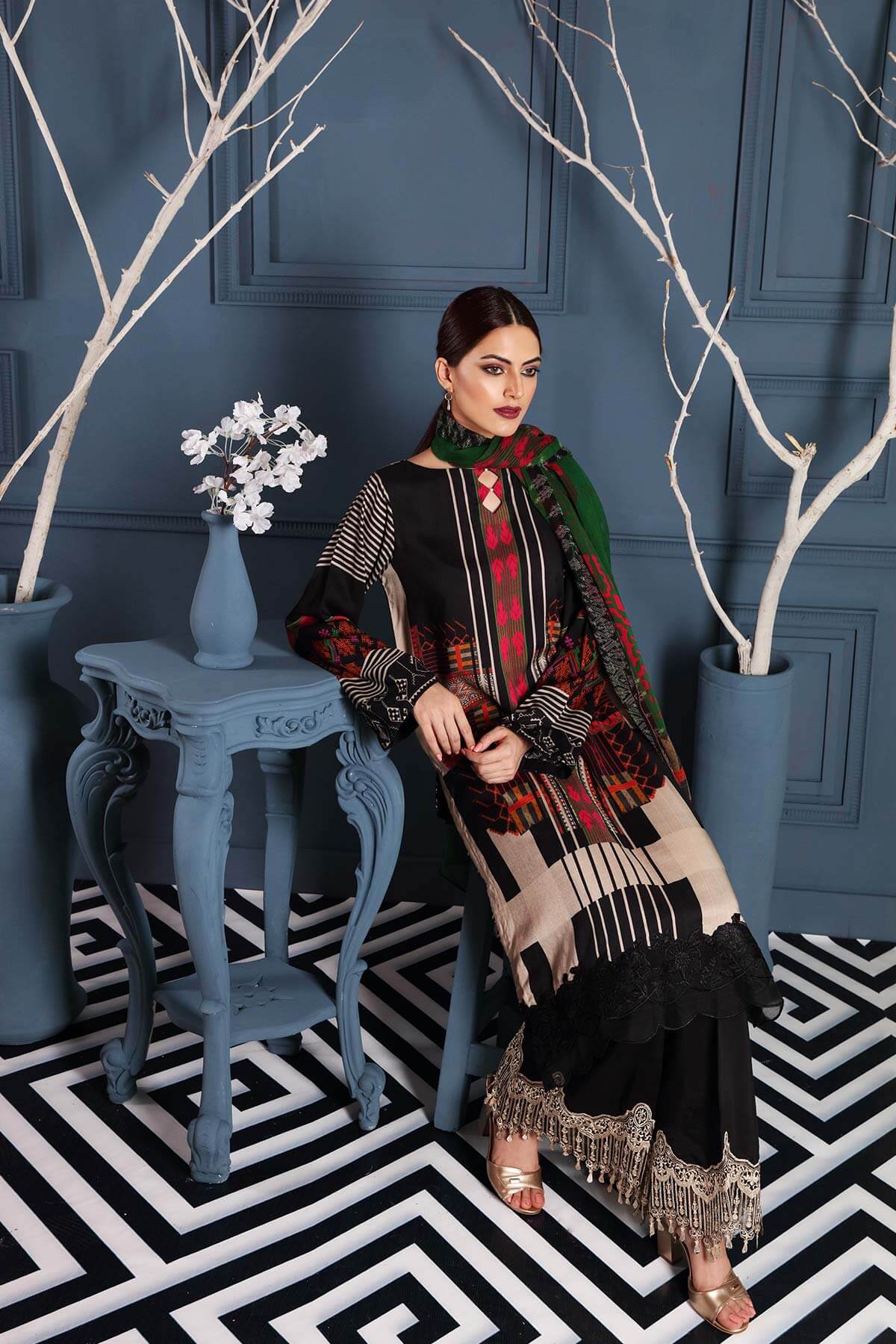 Charizma Combinations Embroidered Linen Collection – Vibrant Black CCW-12 - Image 3