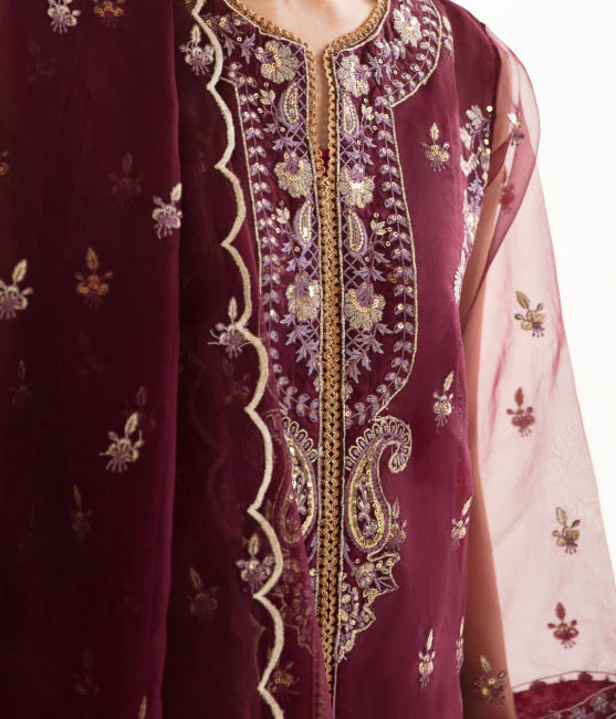 Zellbury Embroidered Shirt Shalwar Dupatta - Red - Organza Suit-0298 - Image 4