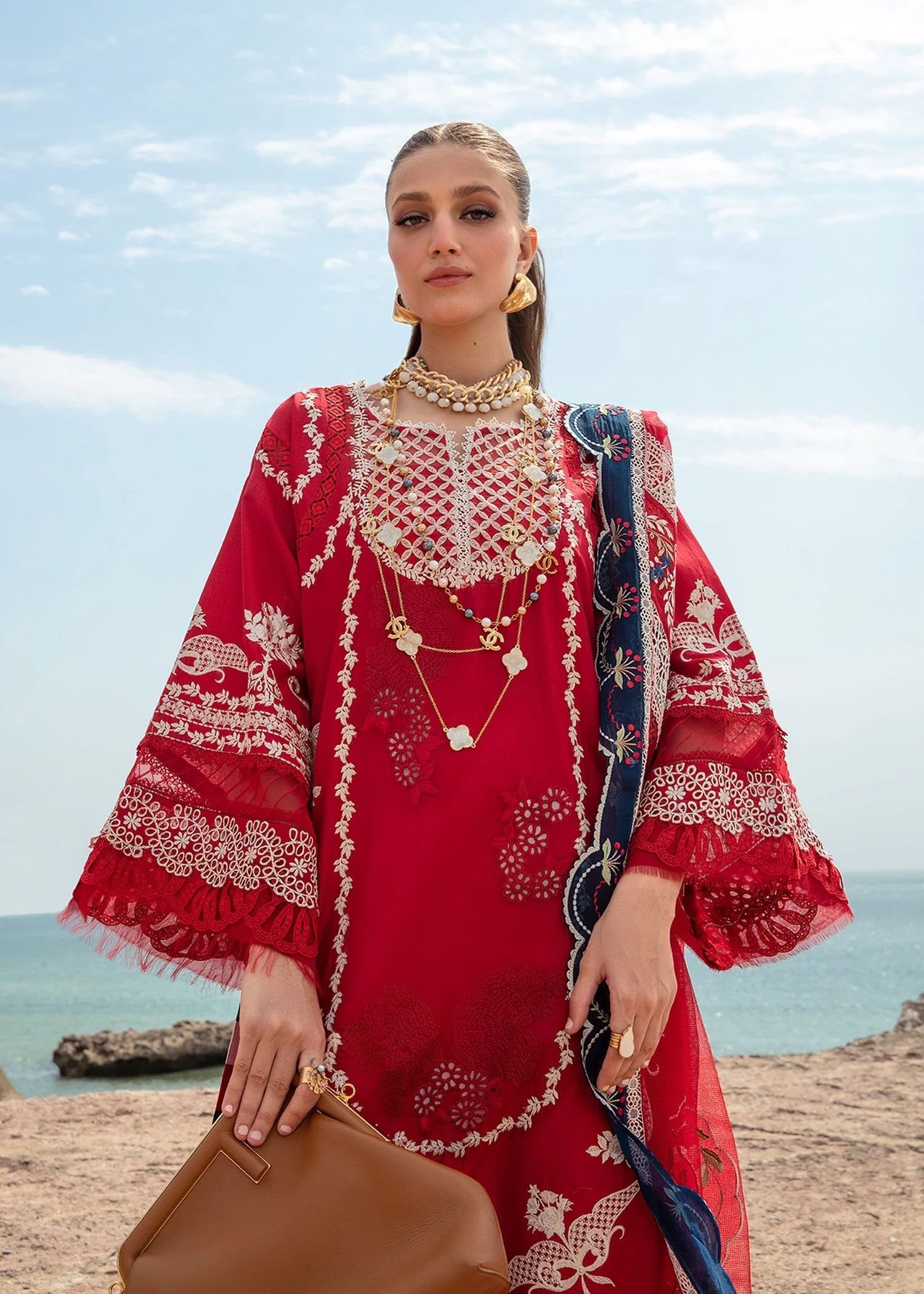 Crimson X Saira Shakira Luxury Lawn 2024 – Stars of Fire - Flame red - Image 3