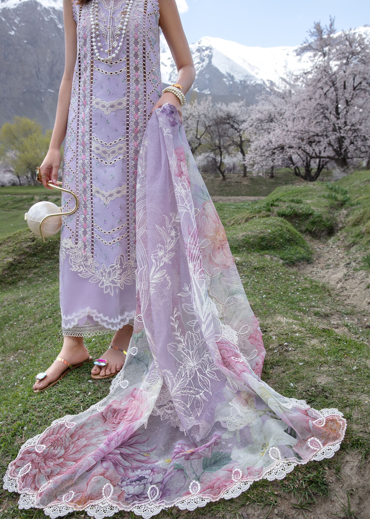 Crimson X Saira Shakira Luxury Lawn β A Floral Mesh - Lavender - Image 2