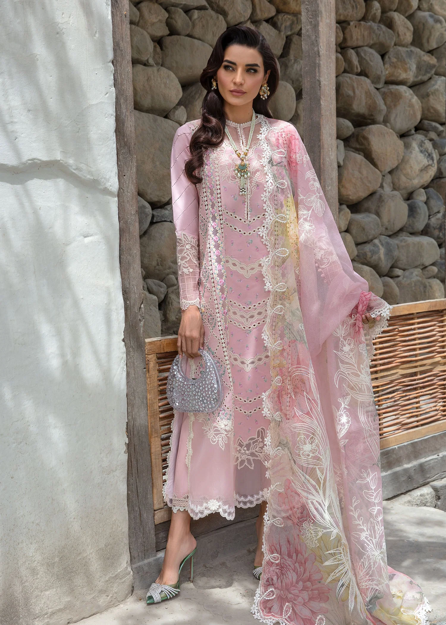 Crimson X Saira Shakira Luxury Lawn β A Floral Mesh - Rose Pink - Image 2