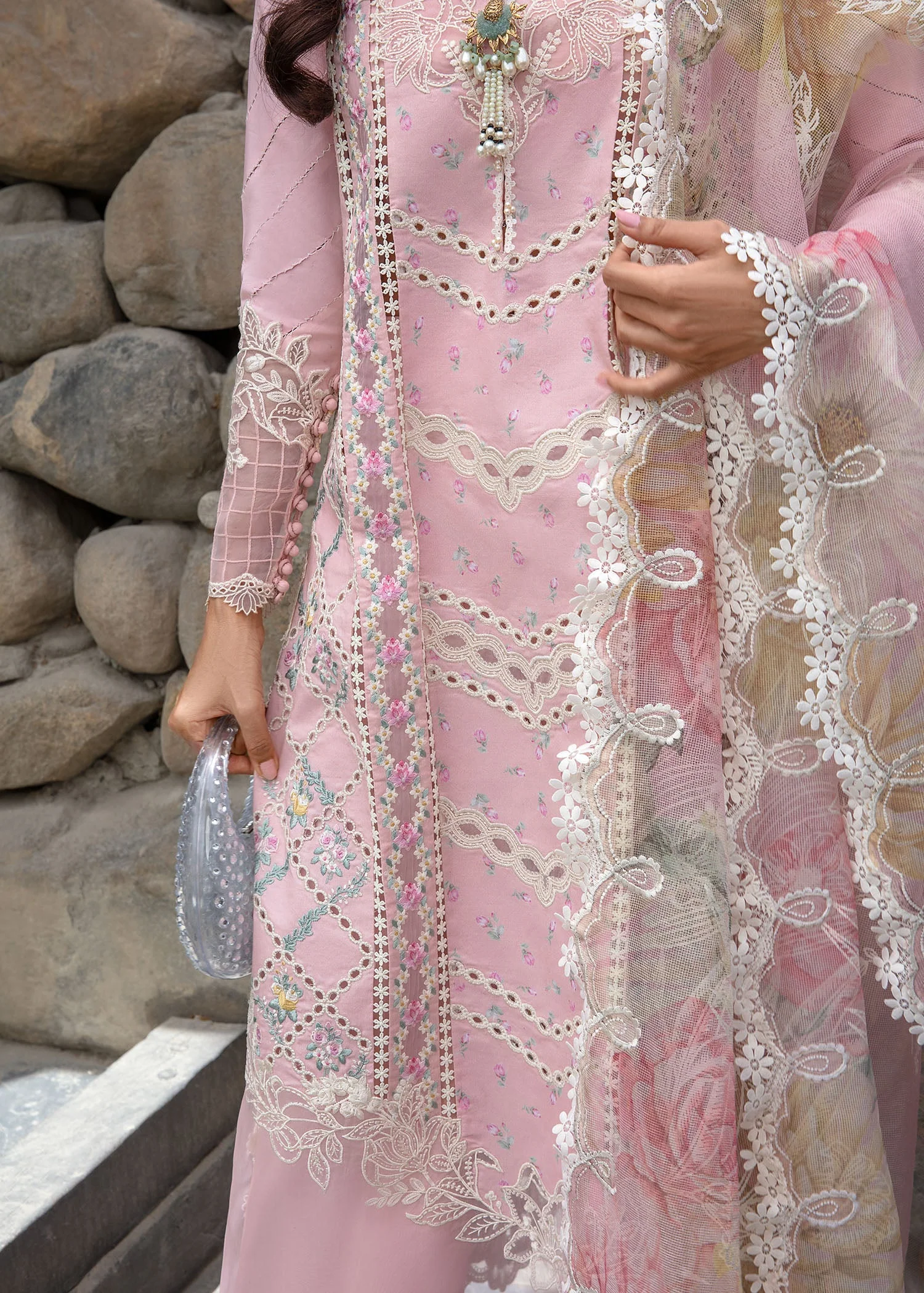 Crimson X Saira Shakira Luxury Lawn β A Floral Mesh - Rose Pink - Image 3