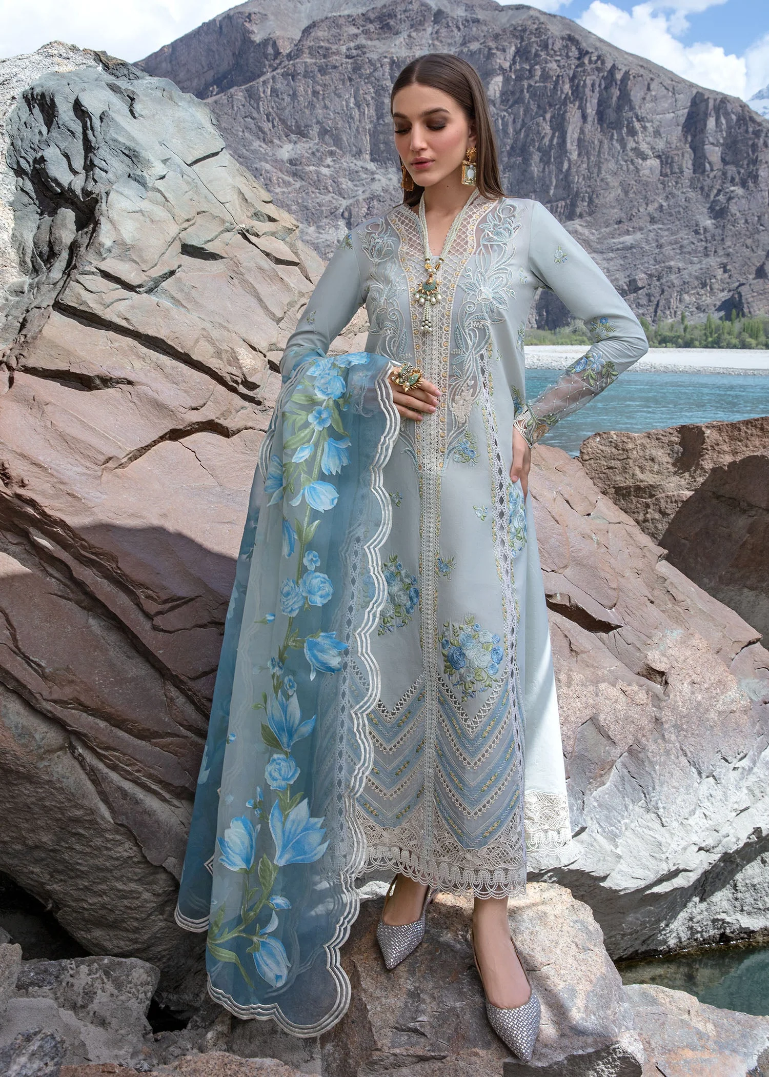 Crimson X Saira Shakira Luxury Lawn – Forget Me Not - Ice Blue - Image 2