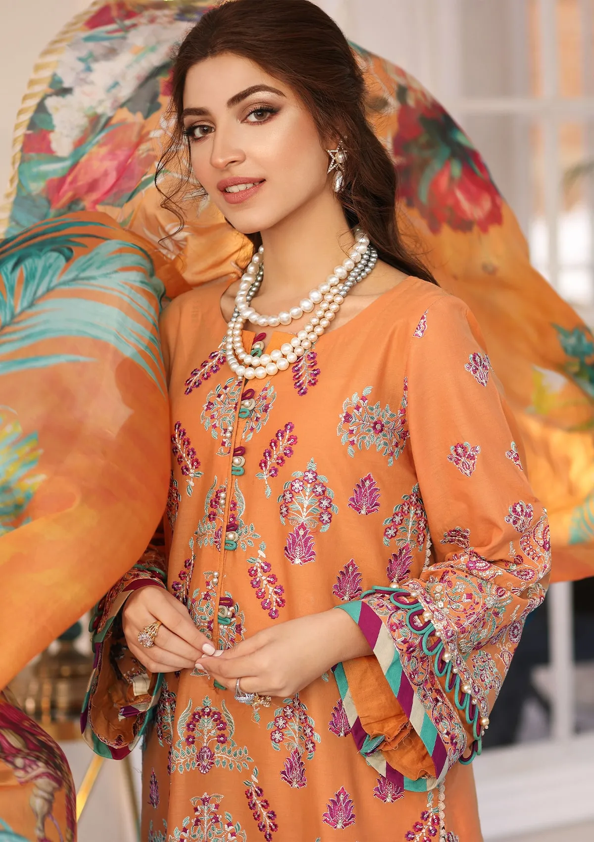 Elaf Festive Chikankari Lawn Collection 2023 – ELC-08 TANGERINE - Image 3