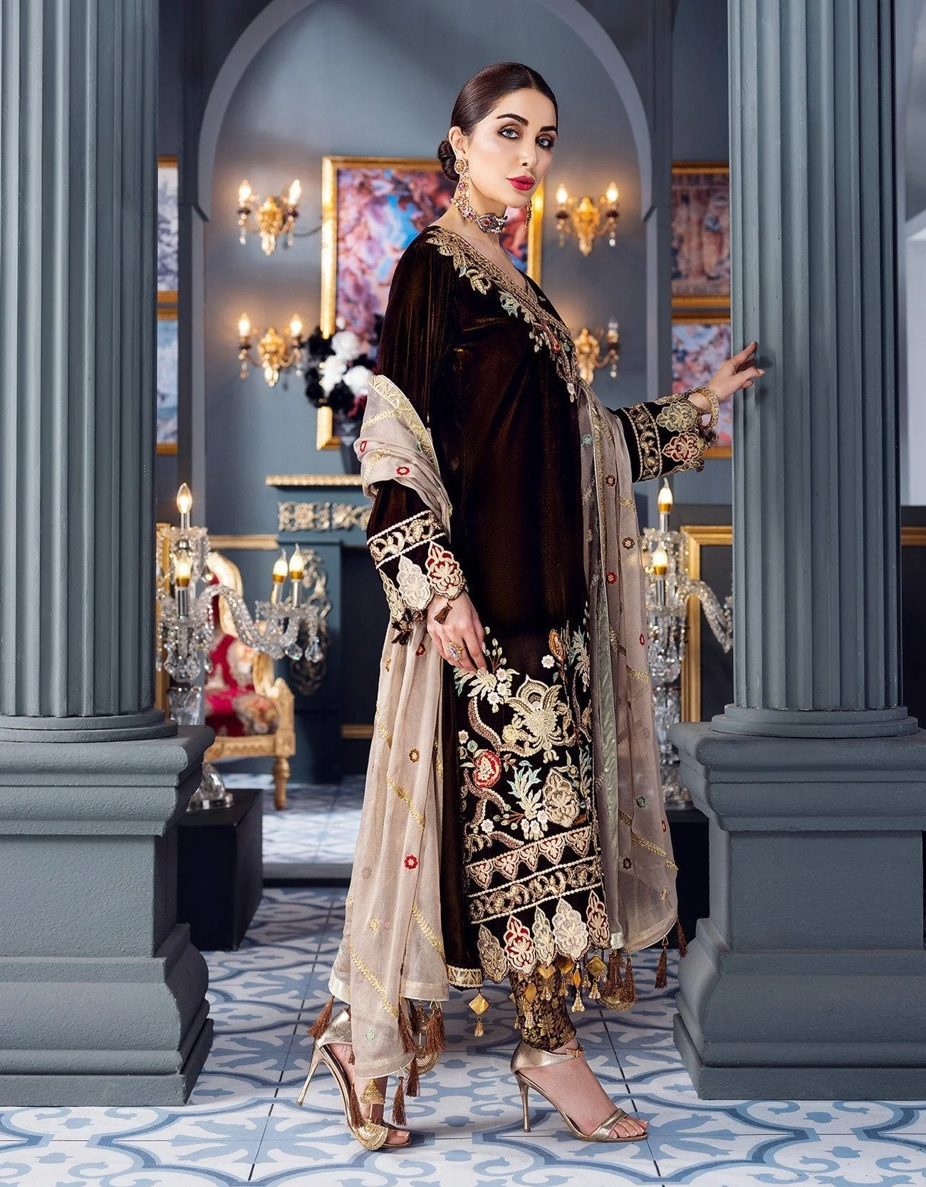 Emaan Adeel Makhmal Luxury Velvet Collection – Gold brown (MKH 4) - Image 3