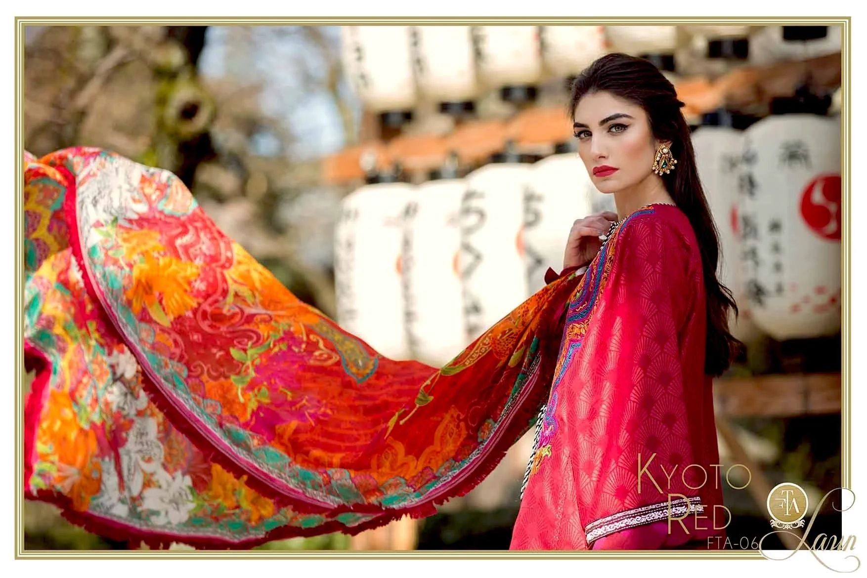 Farah Talib Aziz Luxury Lawn Collection – FTA-06 Kyoto Red - Image 3
