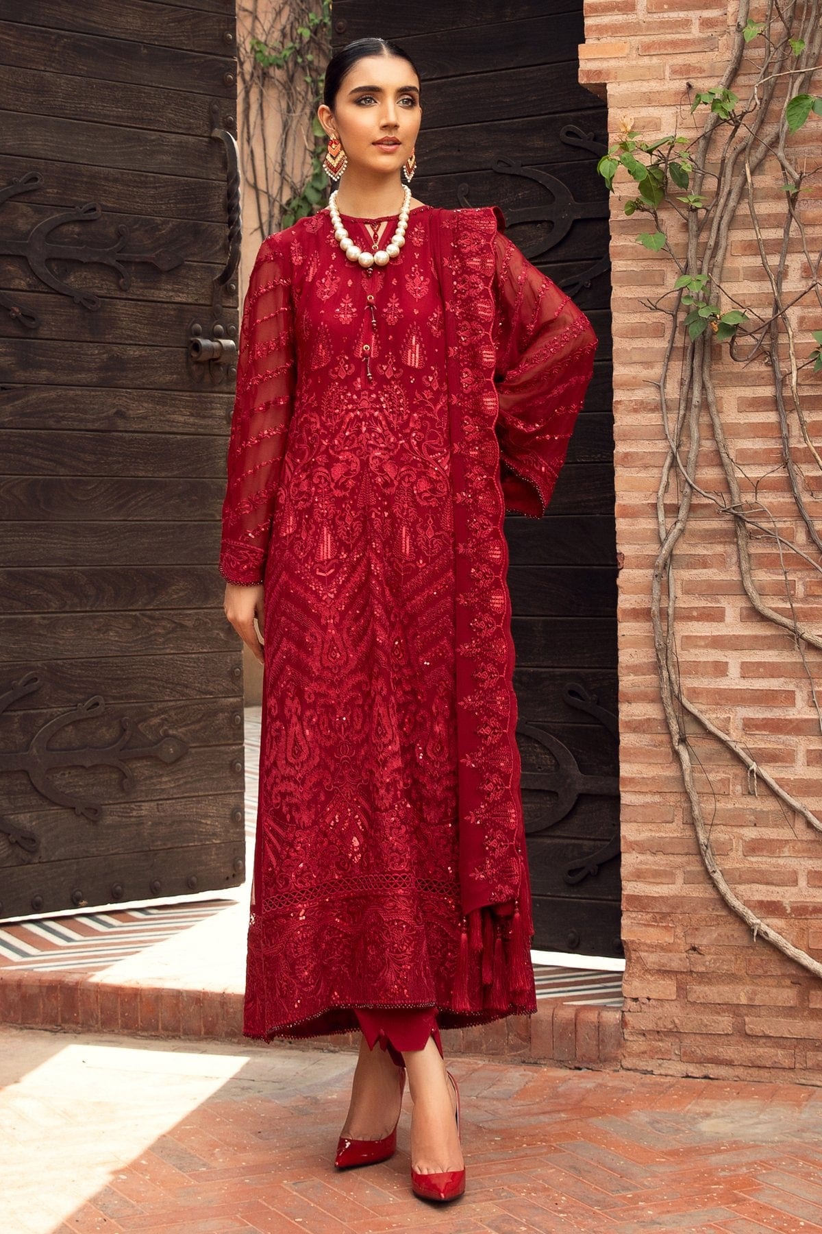 Farasha Embroidered Chiffon Collection – Crimson - Image 3