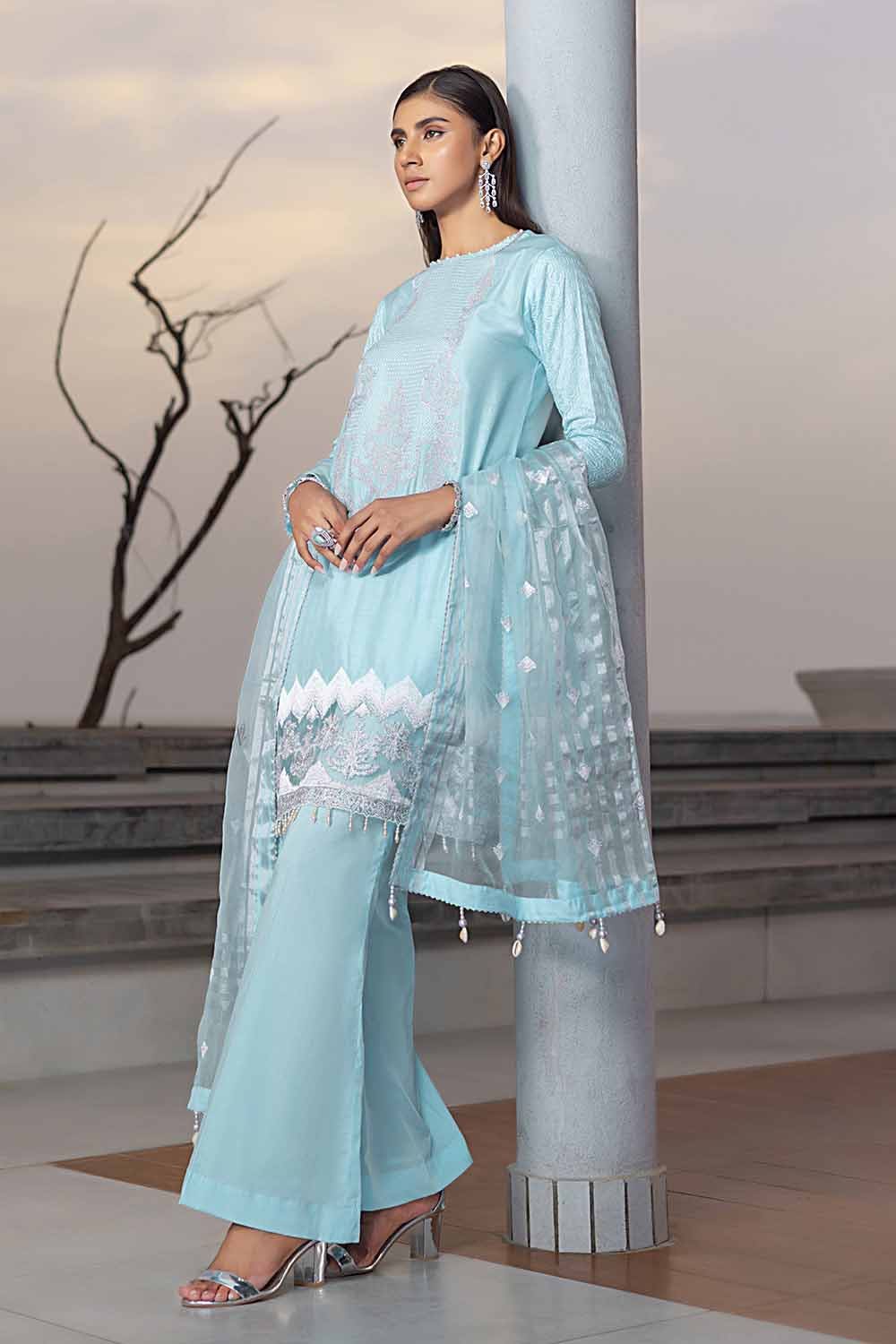 Gul Ahmed Pre-Fall – 3PC Embroiderd Cotton Silk Suit with Embroidered Organza Stripe Dupatta PM-32070 - Image 2