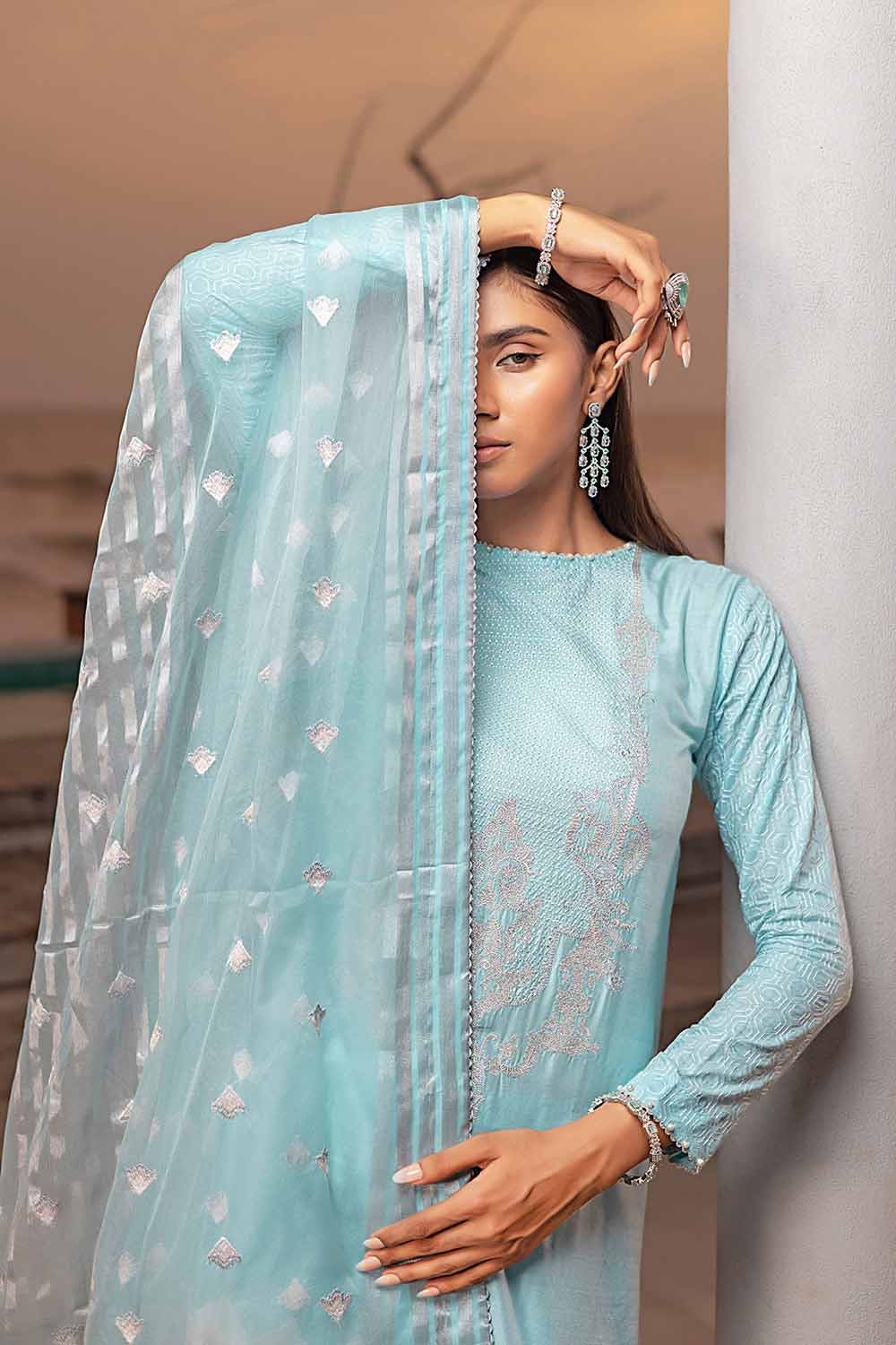 Gul Ahmed Pre-Fall – 3PC Embroiderd Cotton Silk Suit with Embroidered Organza Stripe Dupatta PM-32070 - Image 3