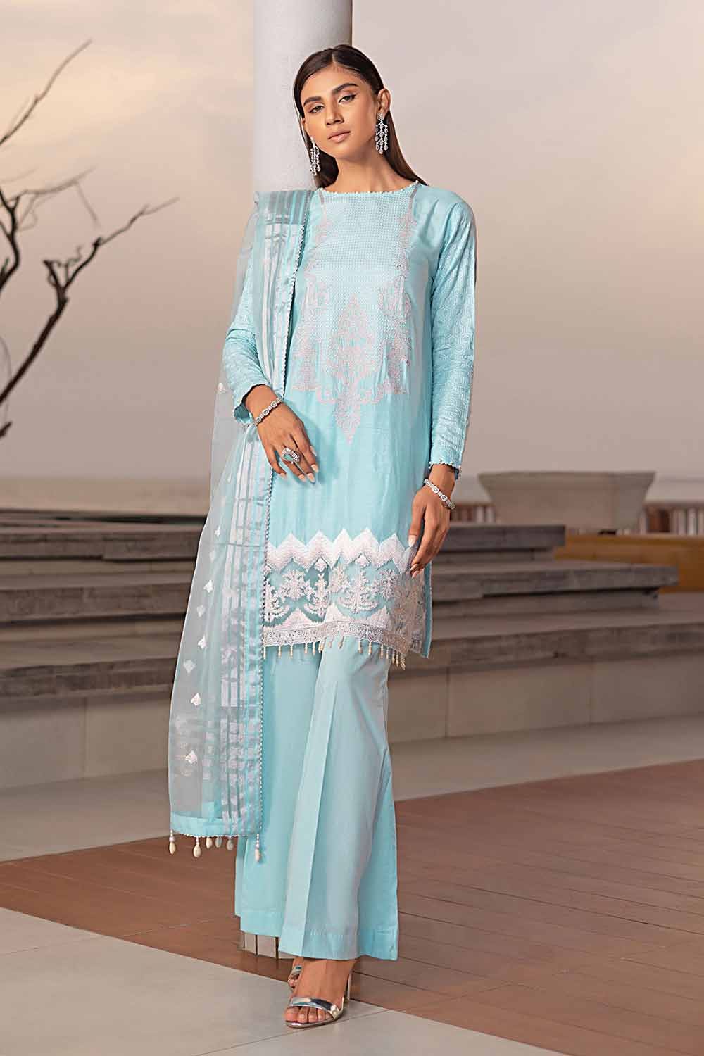 Gul Ahmed Pre-Fall – 3PC Embroiderd Cotton Silk Suit with Embroidered Organza Stripe Dupatta PM-32070 - Image 4