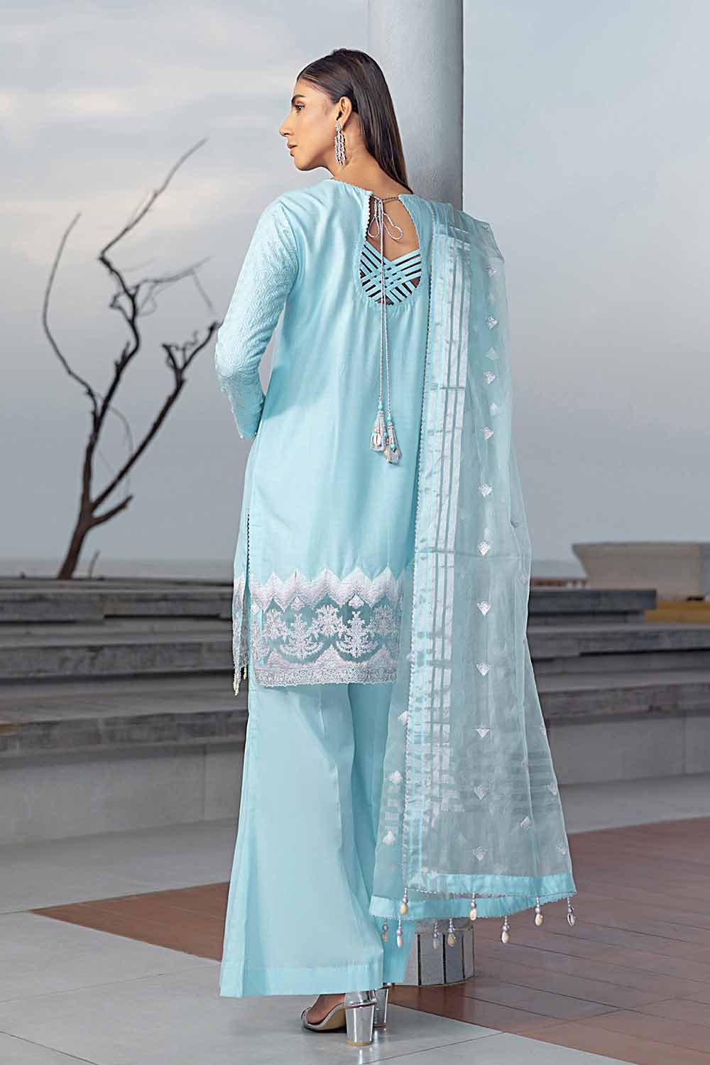 Gul Ahmed Pre-Fall – 3PC Embroiderd Cotton Silk Suit with Embroidered Organza Stripe Dupatta PM-32070 - Image 5
