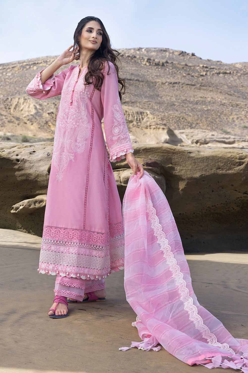 Gul Ahmed Pre-Fall 2023 – 3PC Embroidered Cambric Suit with Embroidered Organza Dupatta MJ-32053