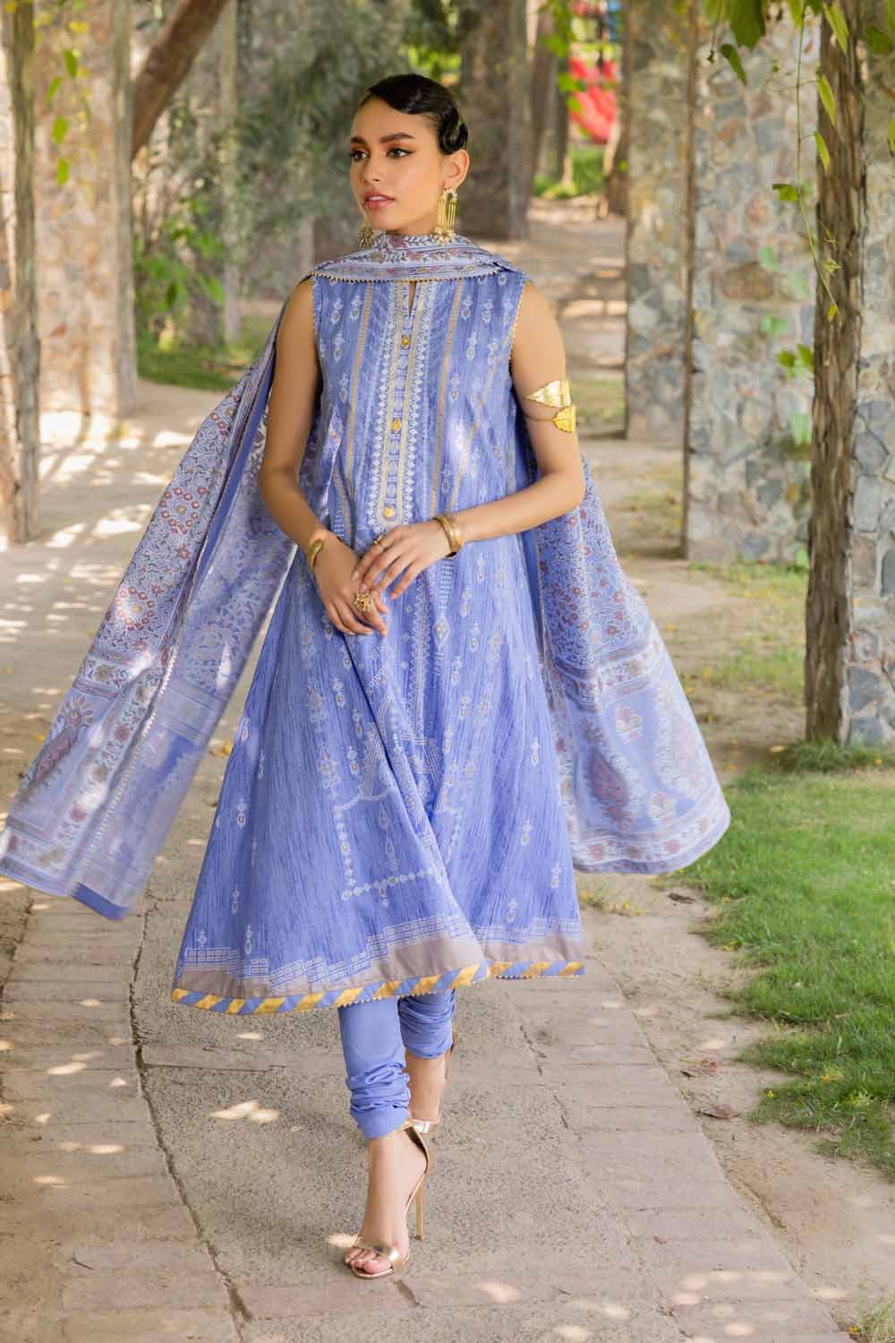 Gul Ahmed – 3PC Embroidered Gold Printed Cambric Suit with Printed Burnout Dupatta BN-32001