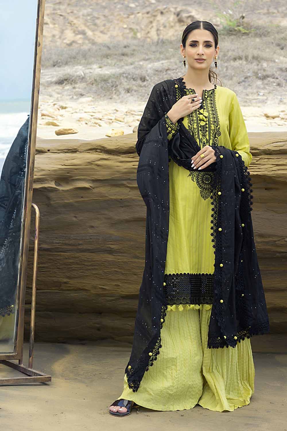 Gul Ahmed Pre-Fall 2023 – 3PC Embroidered Leno Suit with Jacquard Dupatta MJ-32050