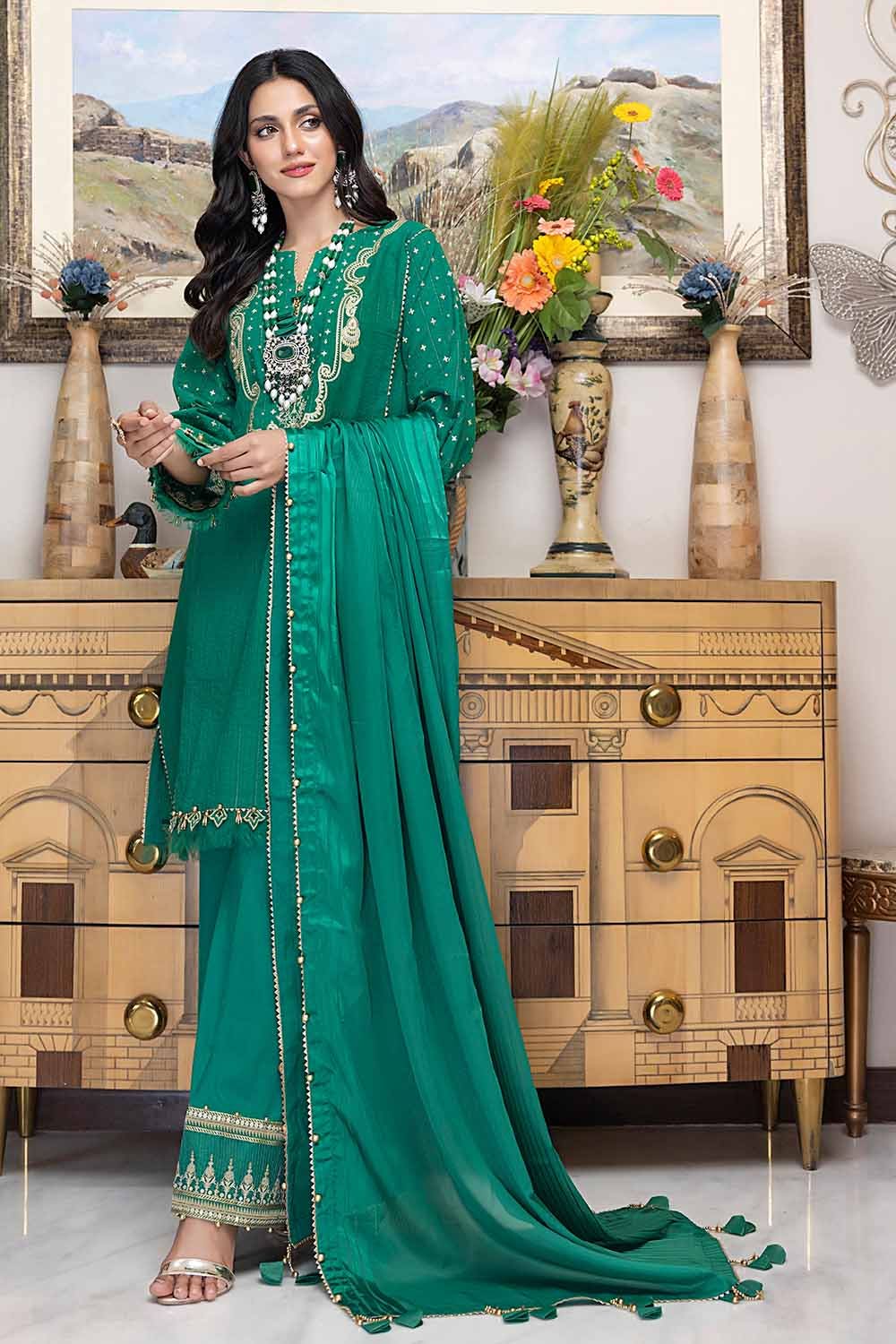 Gul Ahmed Festive – 3PC Embroidered Stripe Lawn Suit with Jacquard Dupatta FE-32090 - Image 4