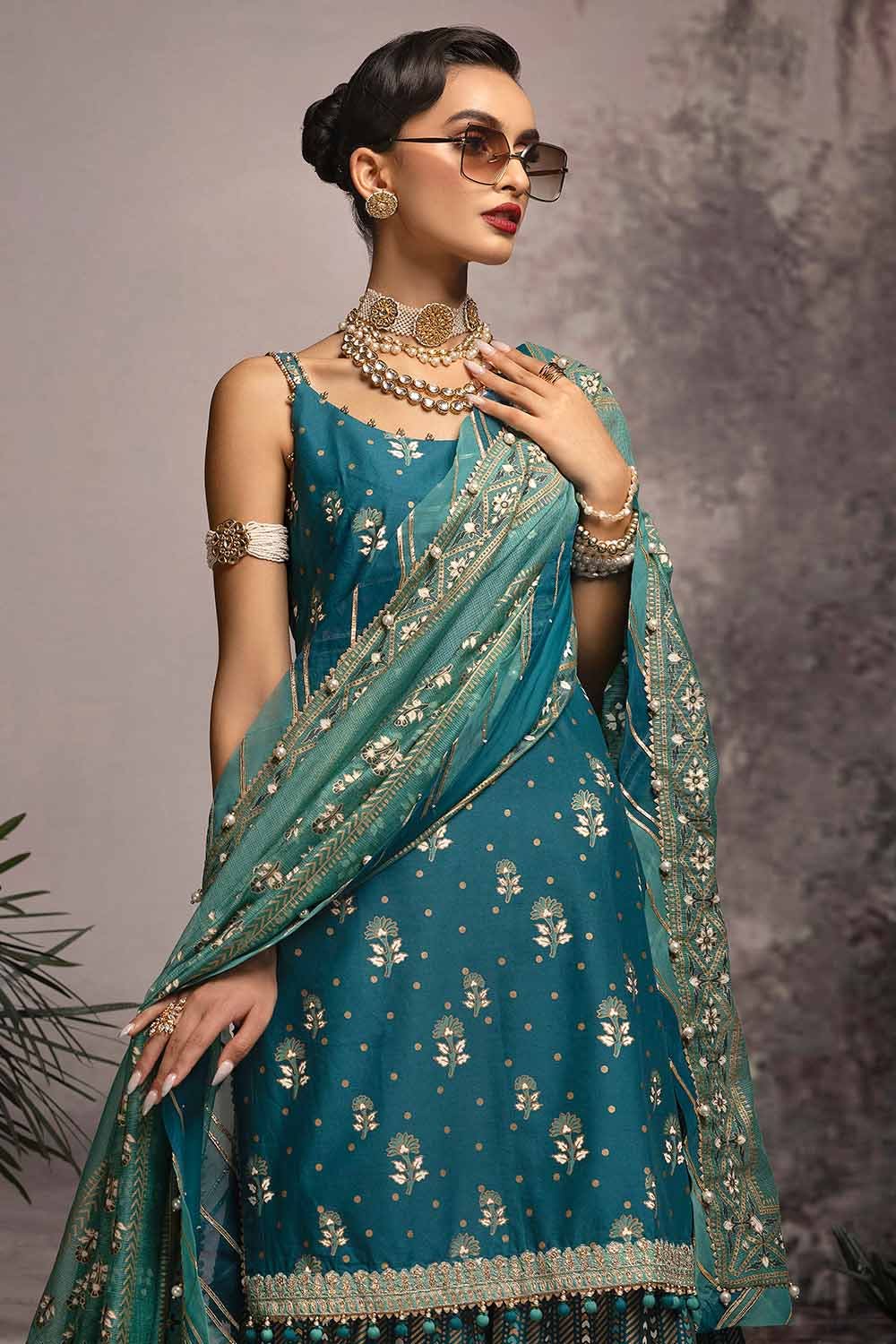 Gul Ahmed Maharani Muse – 3PC Embroidered Gold and Lacquer Printed Lawn Suit with Cotton Net Dupatta CN-32023 - Image 2