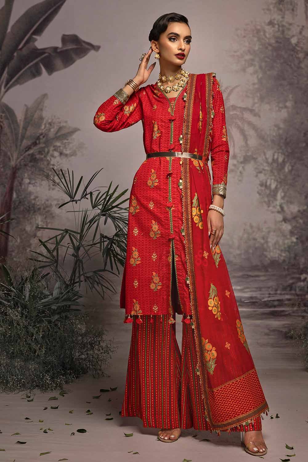 Gul Ahmed Maharani Muse – 3PC Embroidered Gold and Lacquer Printed Lawn Suit with Cotton Net Dupatta CN-32026 - Image 4