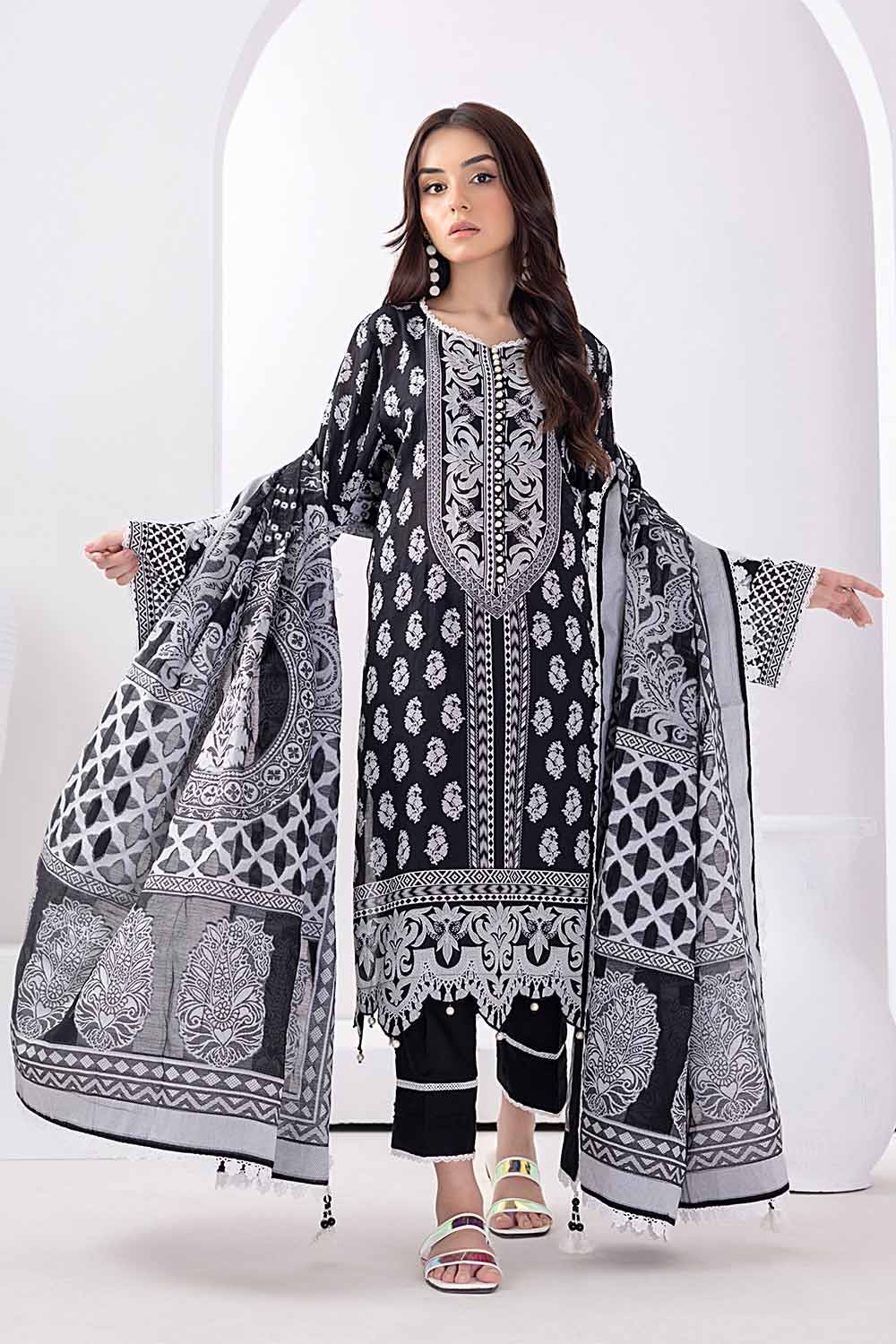 Gul Ahmed Monochrome Black & White – 3PC Unstitched Embroidered Lawn Suit with Jacquard Dupatta MJ-32061 - Image 3