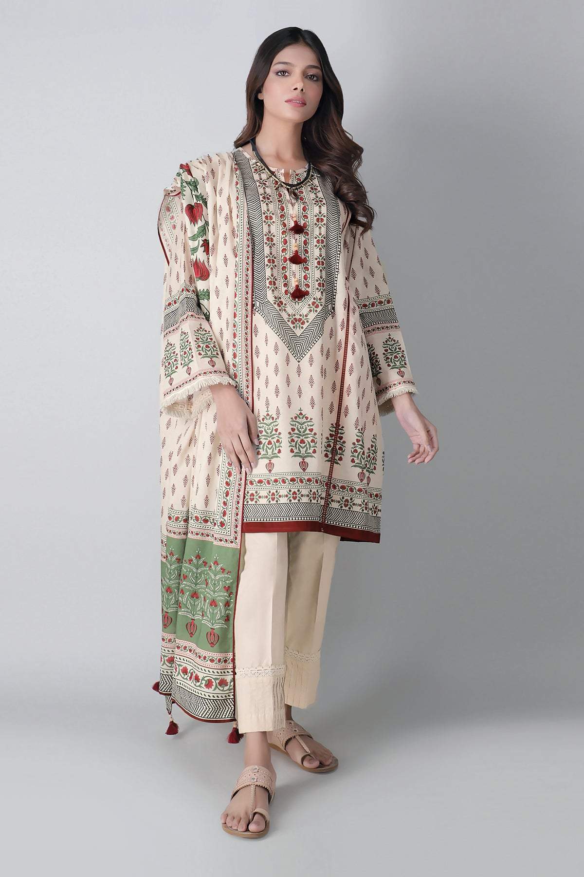 Khaadi Spring Collection 2021 – 3PC Suit · Printed Suit · A21110 Beige