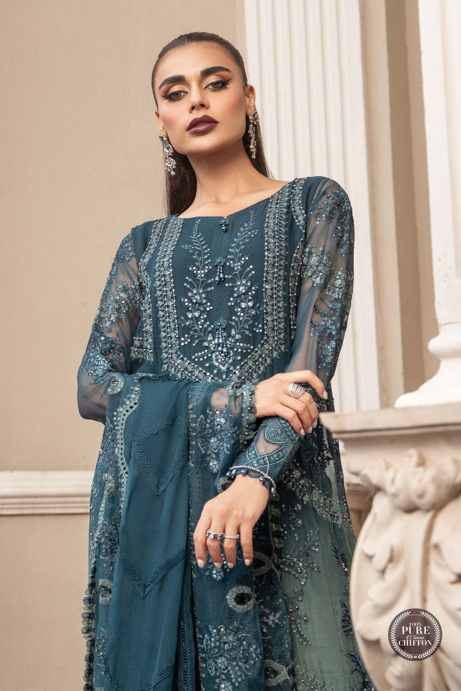 MARIA.B Luxury Chiffon Wedding Formals – MPC-23-102 Teal Blue - Image 3