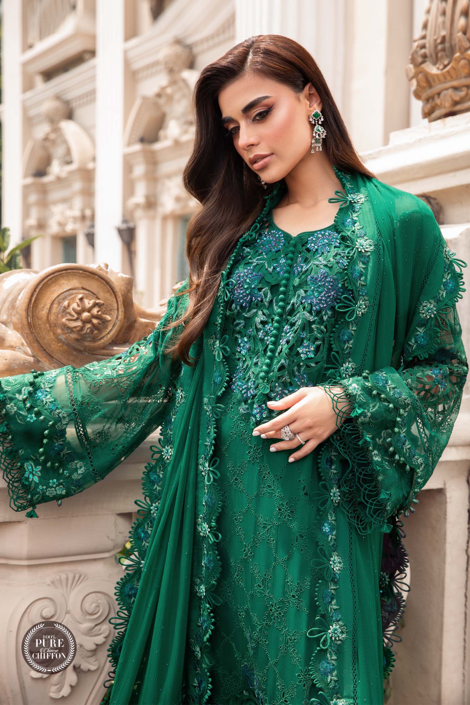 MARIA.B Luxury Chiffon Wedding Formals – MPC-23-108 Emerald Green - Image 2