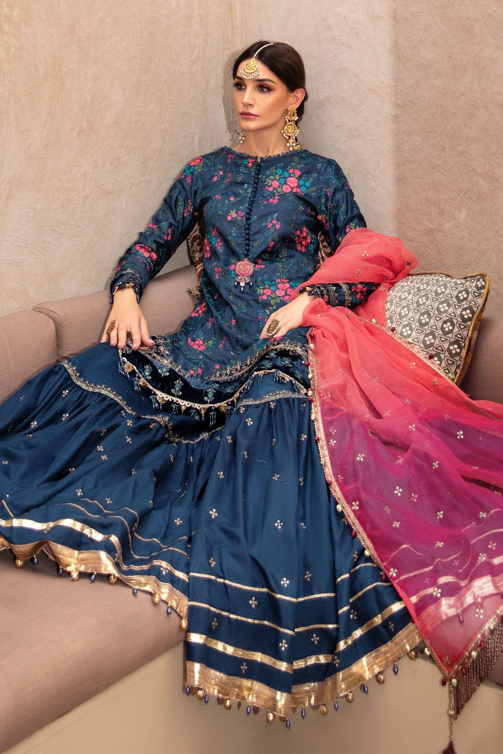 MARIA.B Sateen Fall Collection 2022 – CST-505-Royal Blue and Salmon - Image 3
