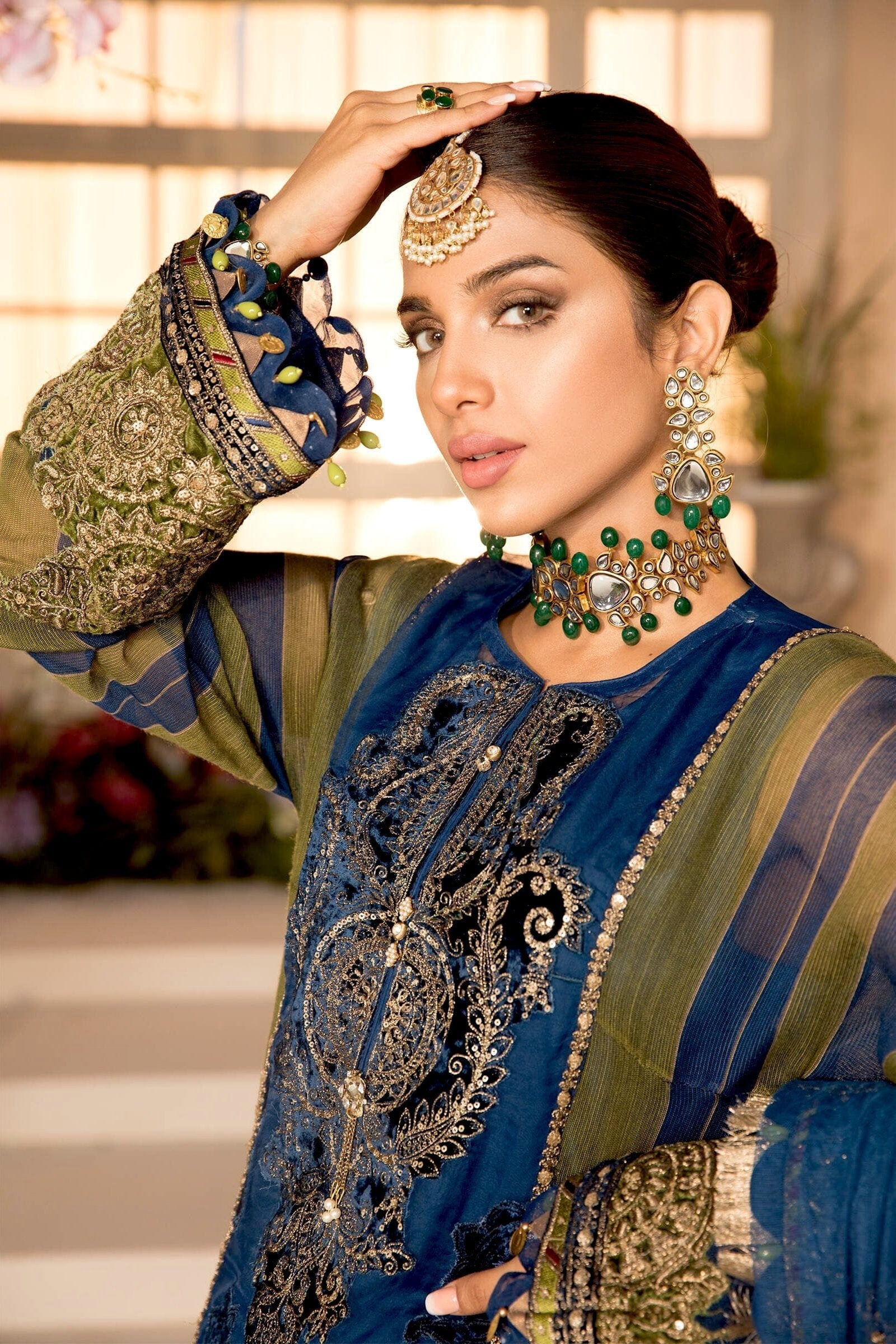 MARIA.B MBROIDERED Eid Collection 2021 – Blue Olive green with deep Coral Pink (BD-2104) - Image 3