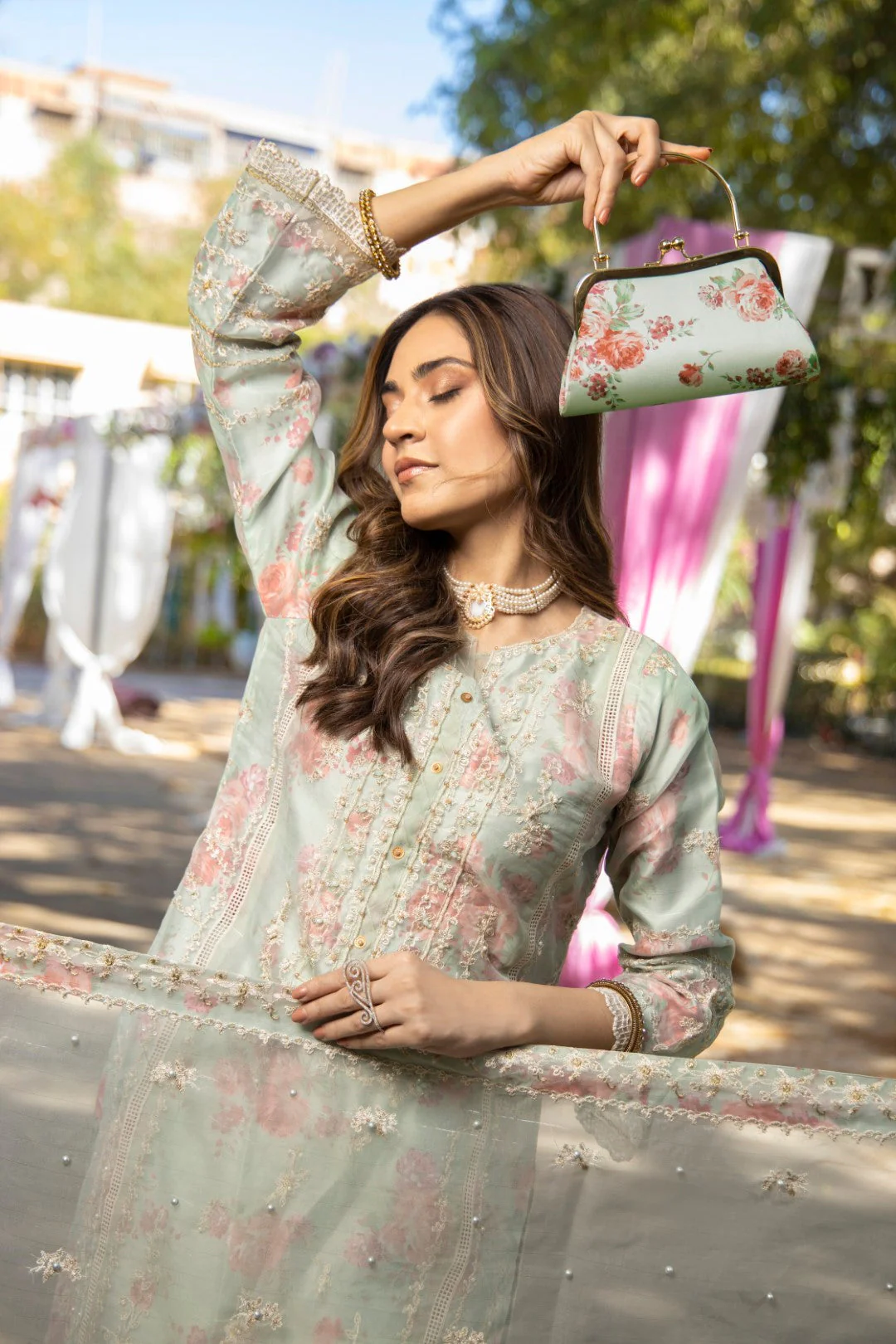Miraas Semi-Stitched Festive Formals with Clutch – D-6 - Image 8