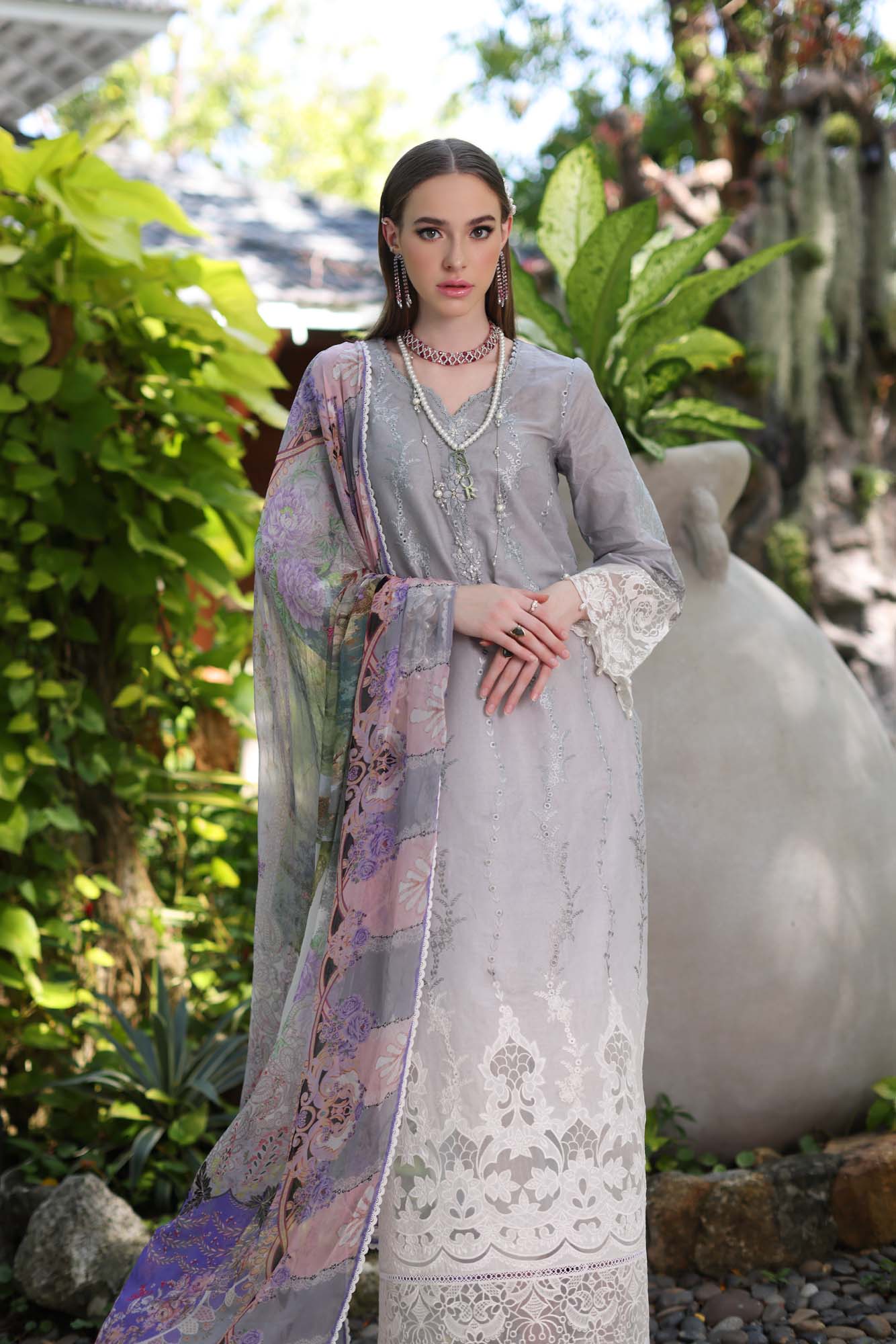 Noor by Saadia Asad Luxury Chikankari Lawn Collection – D1-B Grey Ombre - Image 2