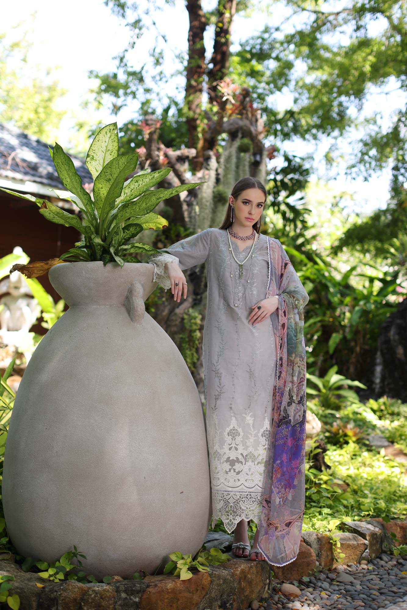 Noor by Saadia Asad Luxury Chikankari Lawn Collection – D1-B Grey Ombre - Image 3