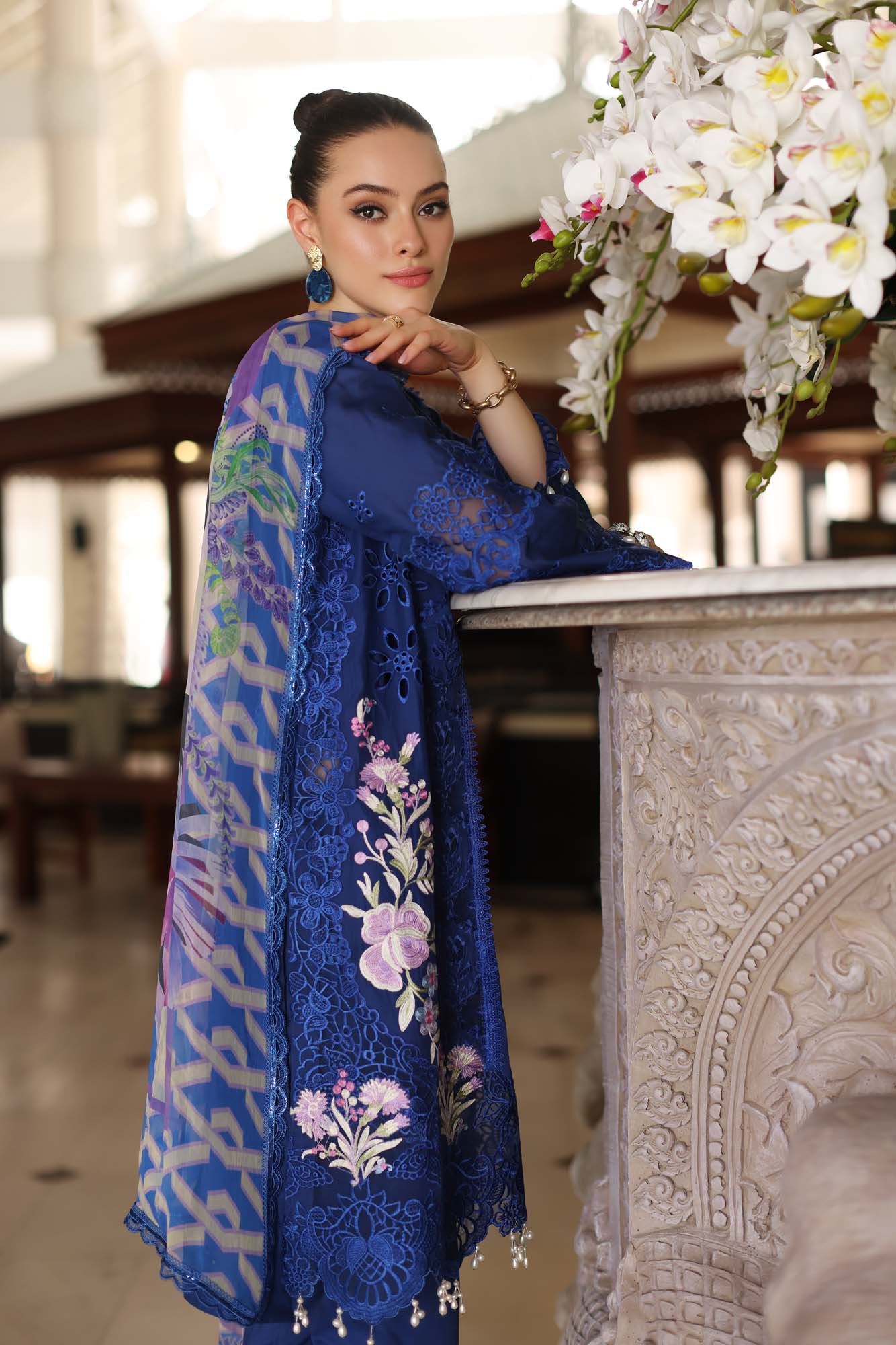 Noor by Saadia Asad Luxury Chikankari Lawn Collection – D10-B Blue Electric - Image 3
