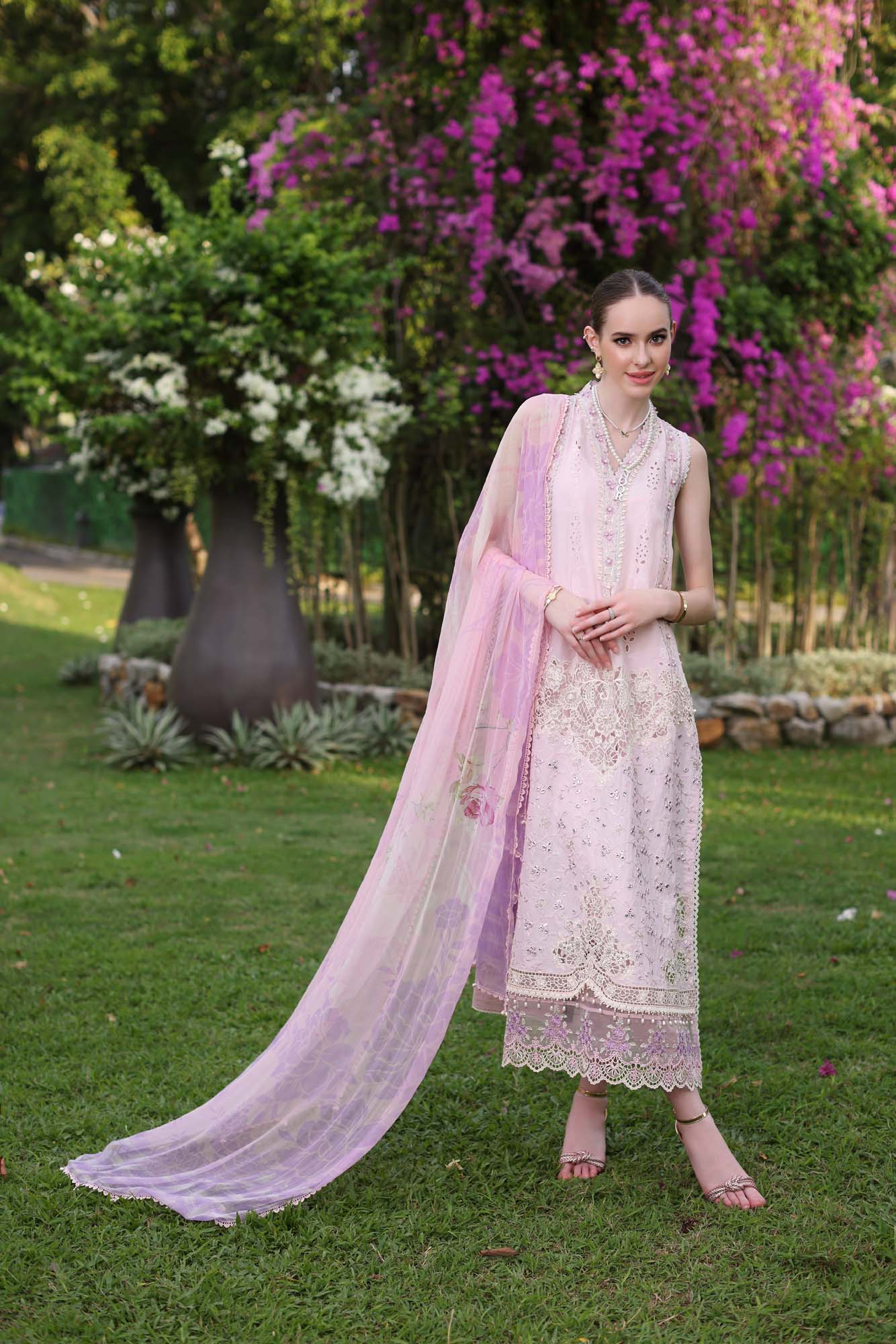 Noor by Saadia Asad Luxury Chikankari Lawn Collection – D11-A Pink Schifli - Image 5