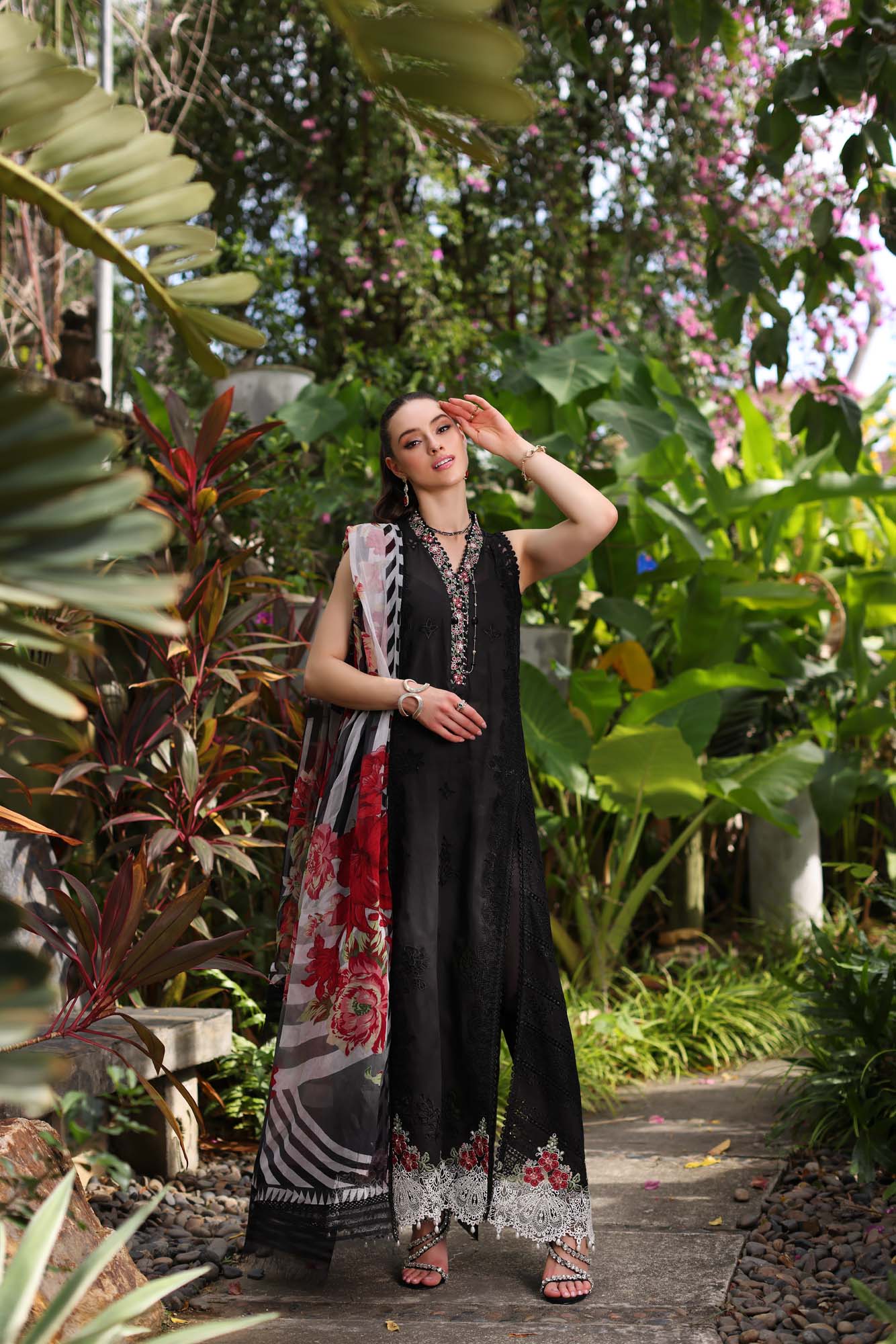 Noor by Saadia Asad Luxury Chikankari Lawn Collection – D6-A Black Laser and schifli - Image 2