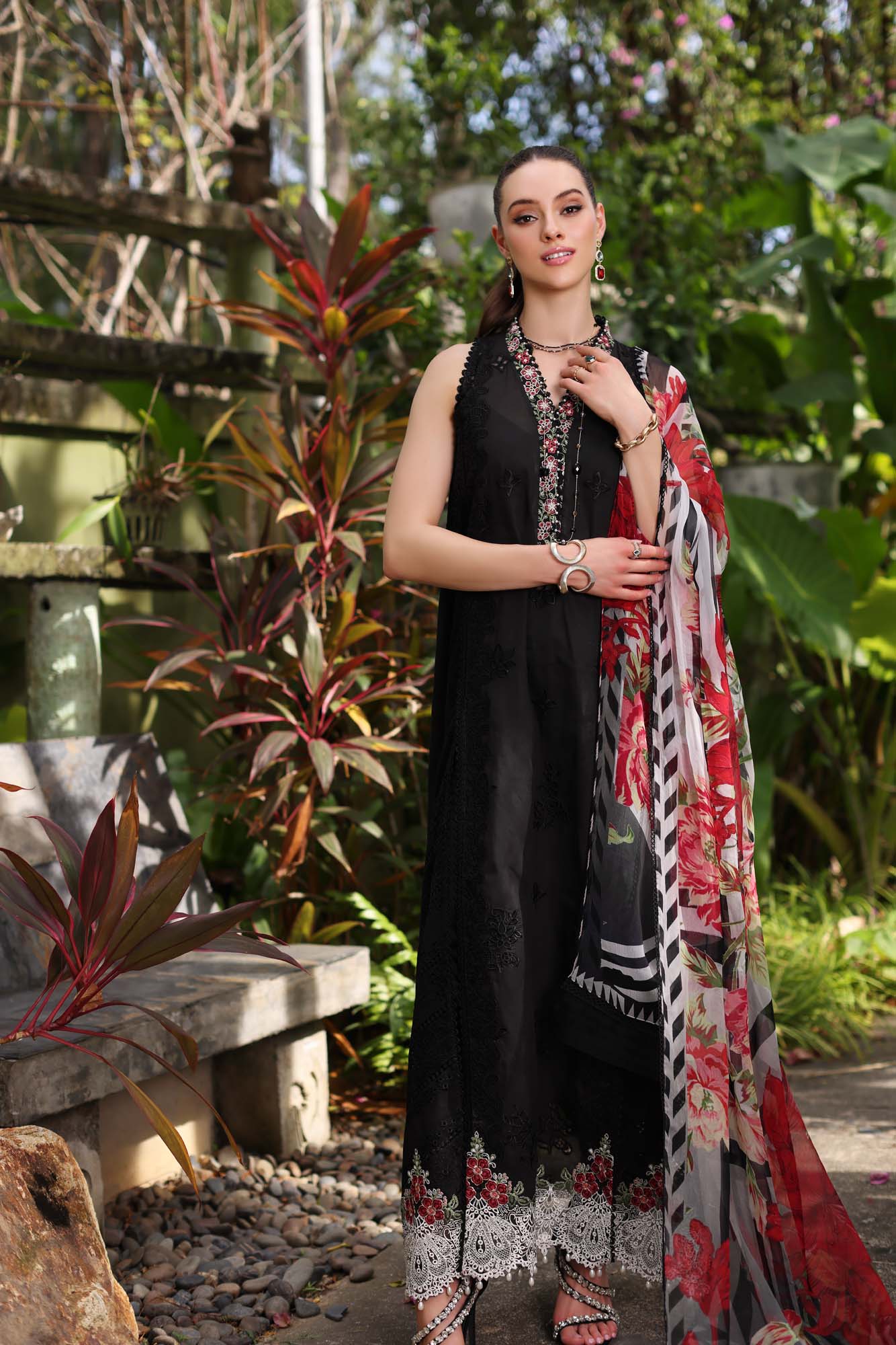 Noor by Saadia Asad Luxury Chikankari Lawn Collection – D6-A Black Laser and schifli - Image 3