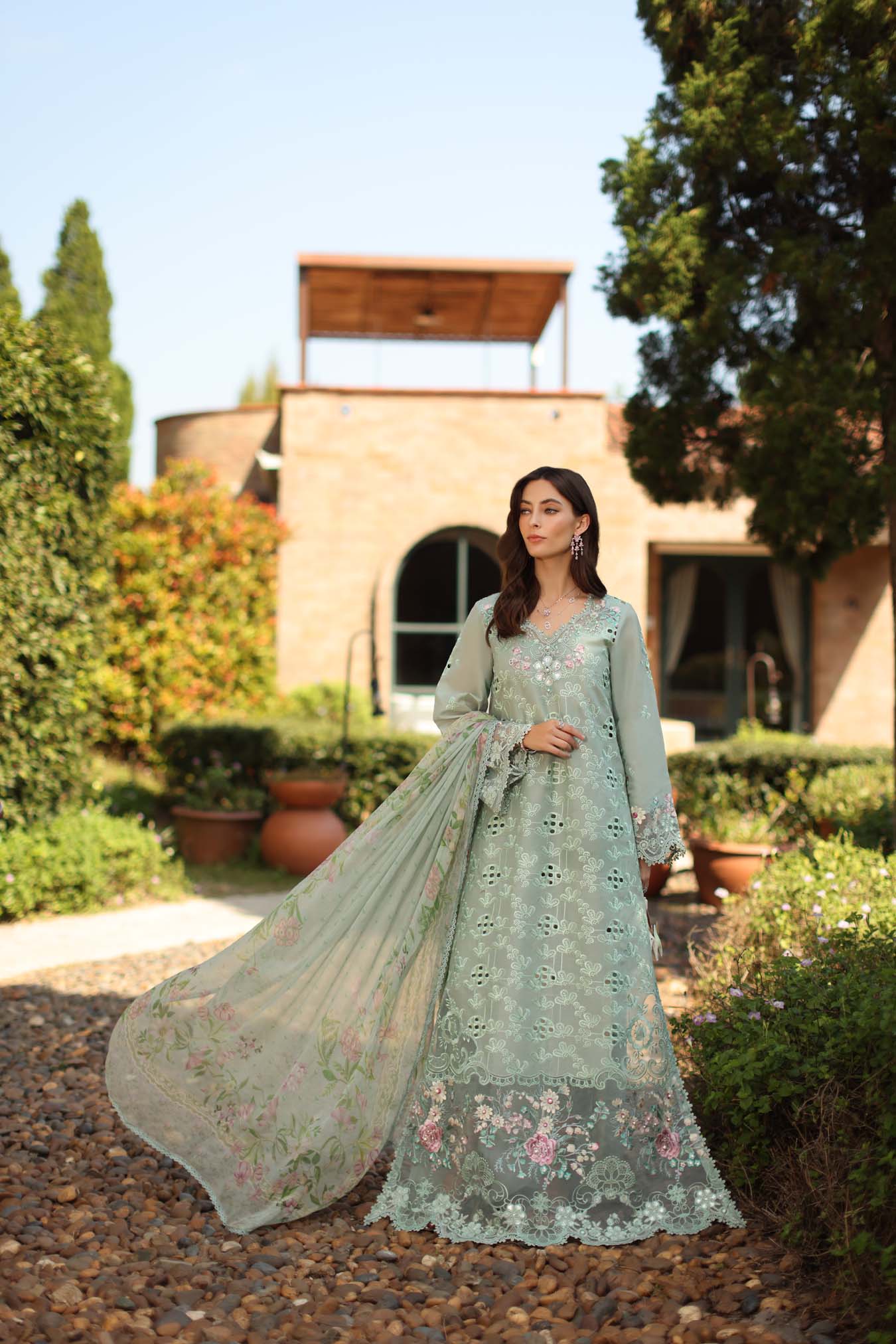 Saadia Asad Luxury Eid Schiffli Laserkari Lawn – D7 - B - Florine - Image 4