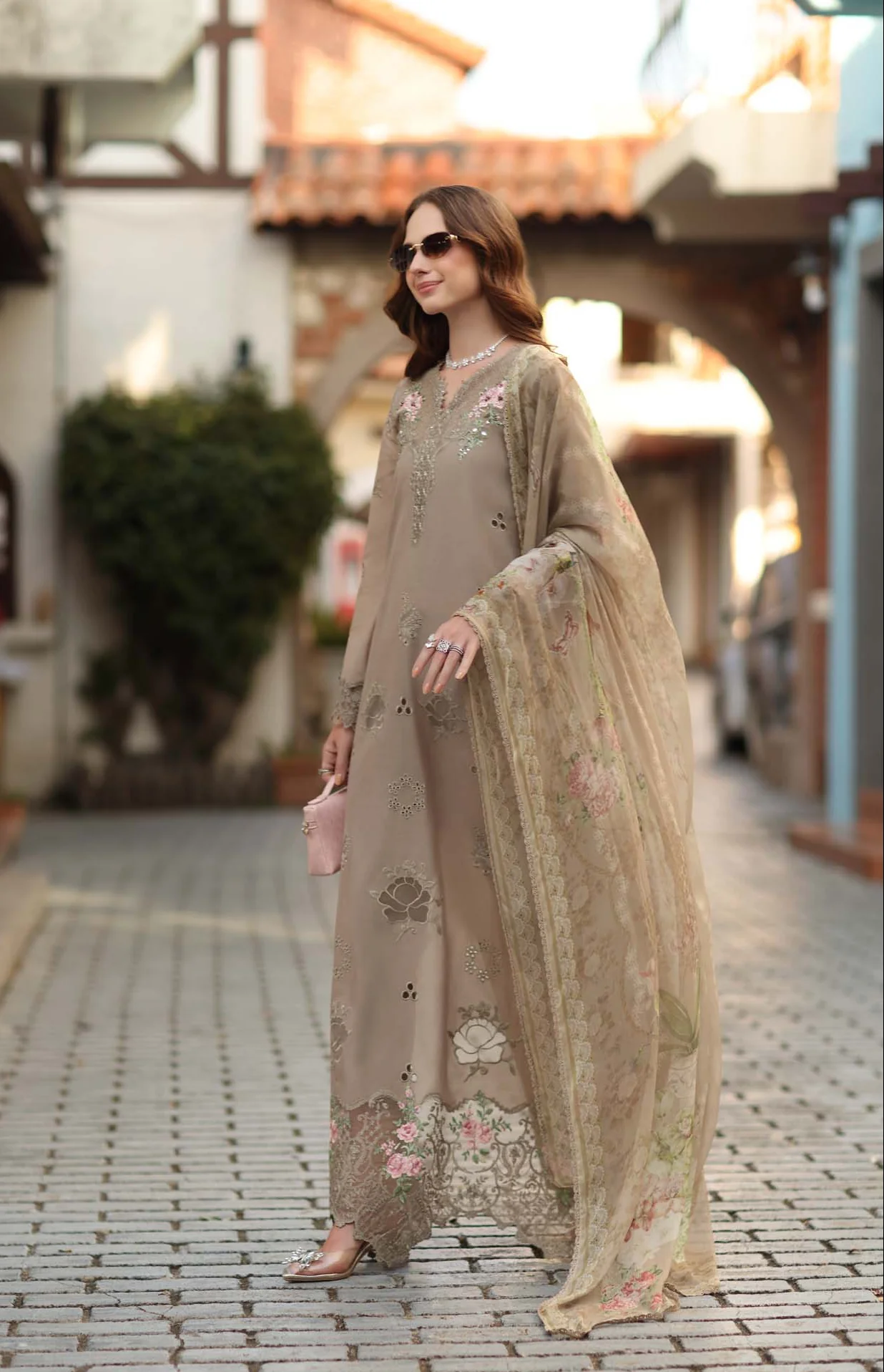 Saadia Asad Noor Luxe Chikankari Lawn – D3 - B - Soft Mocha - Image 2